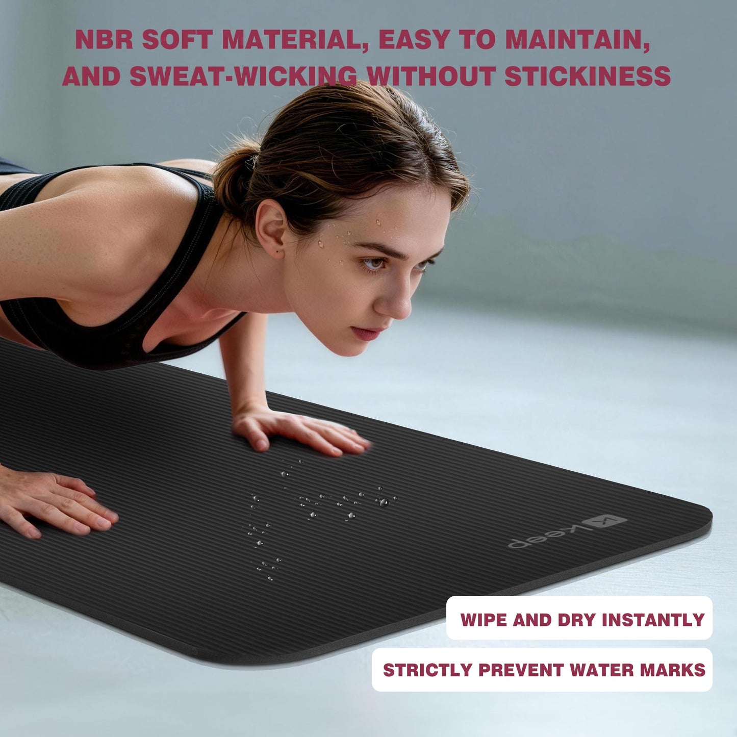 KEEP Extra Thick NBR Yoga Mat for Women & Men, 10mm Thick, 72”x24” Large Exercise Mat with Non-Slip Workout Mat for Yoga, Pilates, Stretching, Meditation – Wide & Cushioned Fitness Mat,Black