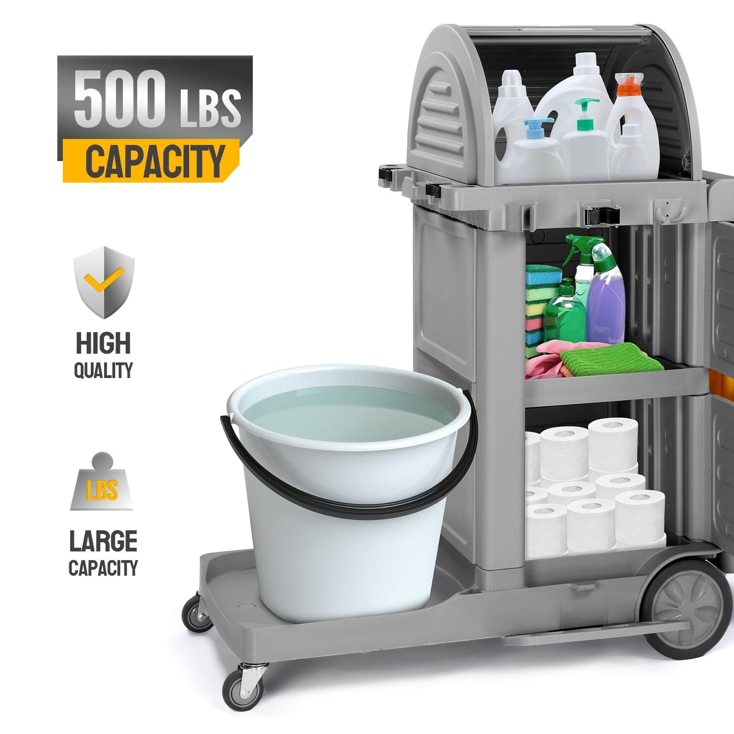 TUFFIOM Janitorial Cart on Wheels, 3 Shelf Commercial Cleaning Cart with Key Locking-Cabinet, Grey Housekeeping Cart with Locker and Cleaning Bag, for Hotel, Business, Office, Stadium Use