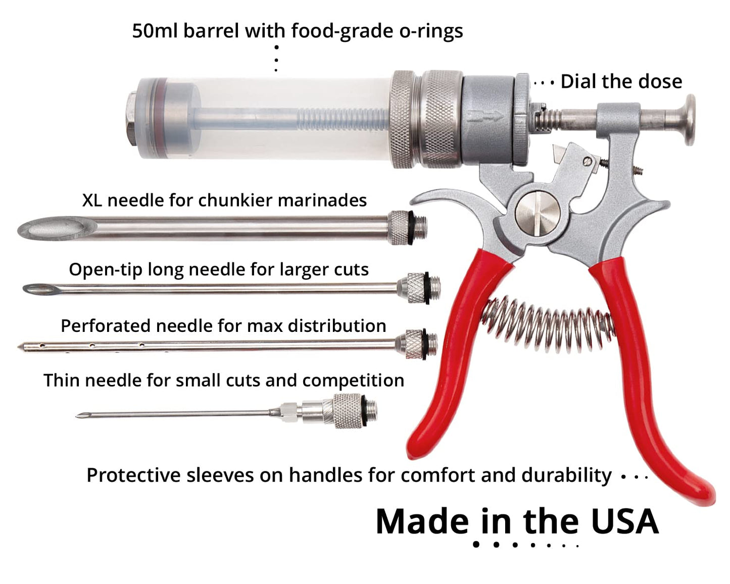 SpitJack Meat Injector Gun for Brisket, Turkey & BBQ - Made in USA Professional Heavy Duty Marinade Injector with 4 Stainless Steel Needles, 50ml Capacity, Repairable Competition BBQ Tool