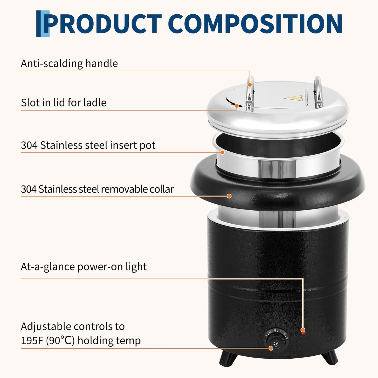 13.7 Qt Commercial Soup Kettle, Large Capacity Soup Warmer with Stainless Steel Removable Insert Pot, Swing Lid & Anti-Scald Handle, Food Warmer with Stable Base for Buffet Party Catering Restaurant