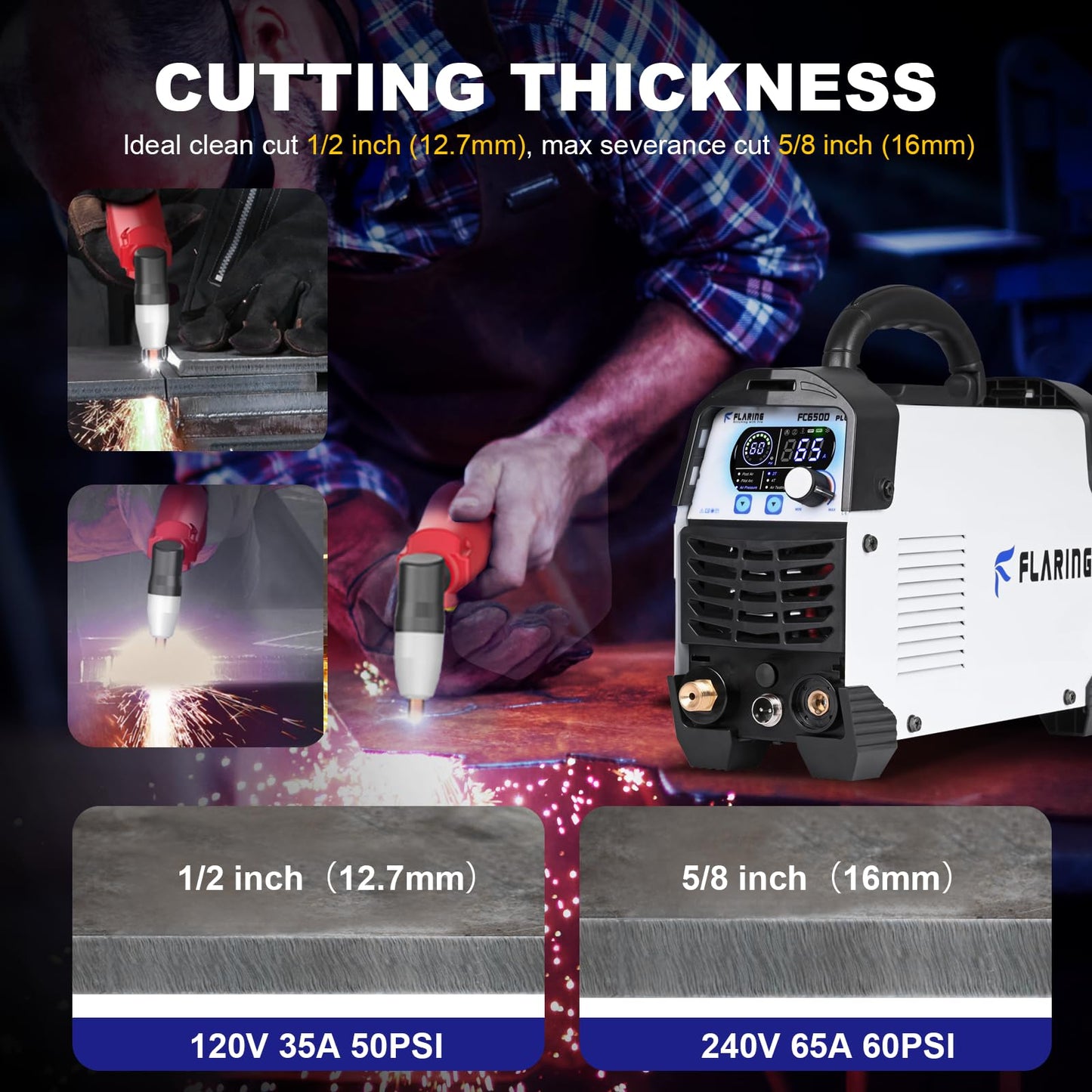 FLARING FC650D PLUS Plasma Cutter 65 AMP Touch Arc Plasma Cutter Machine 120/240V Dual Voltage, Digital Display, High Frequency IGBT Inverter, Post Air/2T/4T, 5/8" Clean Cut with Consumable