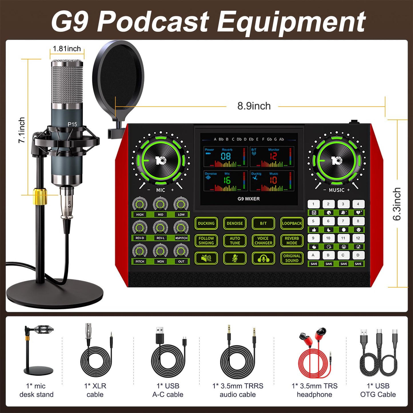 G9 Podcast Equipment Bundle with Audio Mixer for Streaming Singing, 3.5mm Condenser Microphone Kit, Voice Changer, Noise Reduction, Bluetooth, Plug & Play for PC, Phone, TikTok, YouTube
