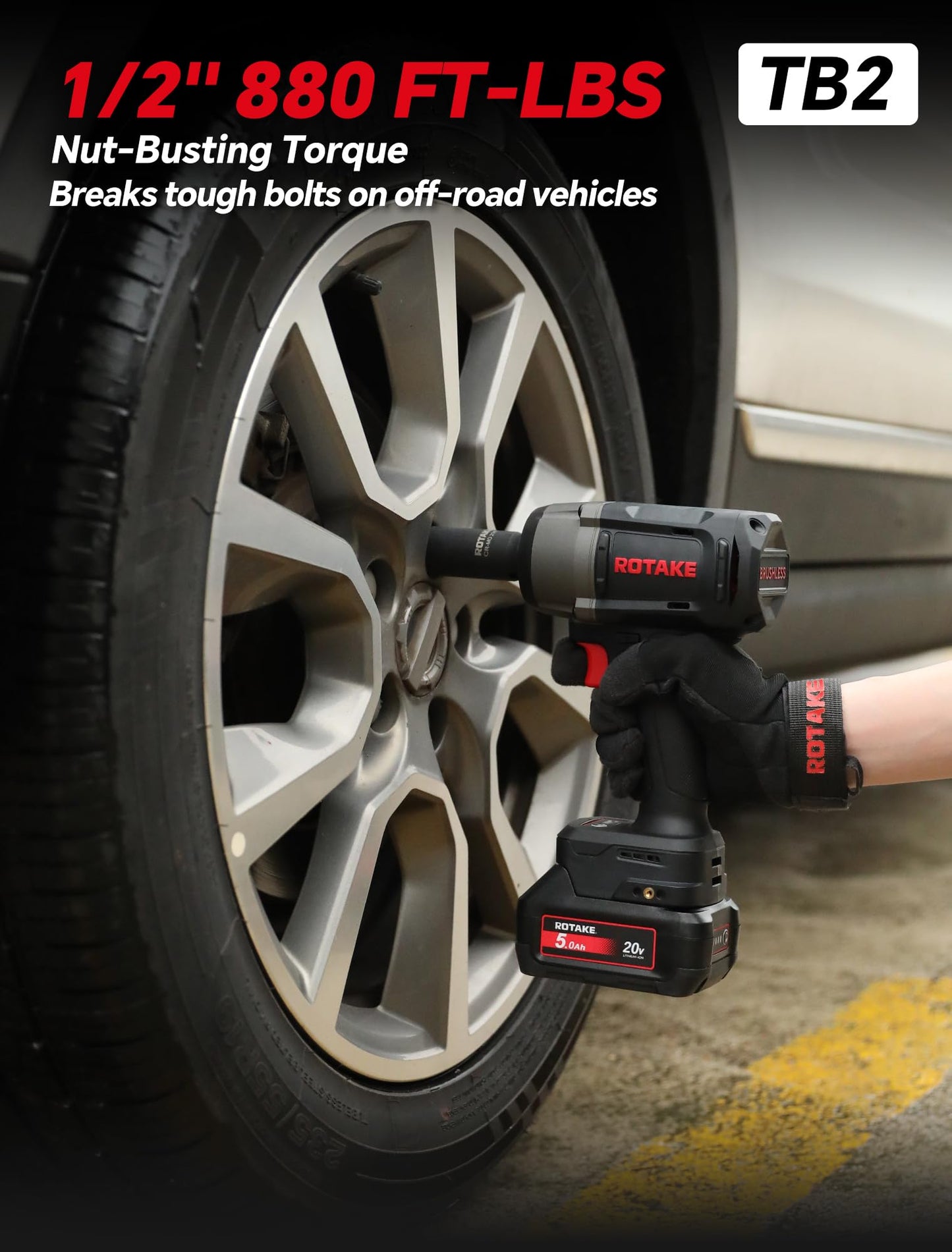 ROTAKE 20V Professional Middle Torque 1/2" Impact Wrench Kit, 880 FT-LBS Nut-Busting Torque, Cordless Impact Gun with Hog Ring, 3-in-1 Unibody Hammer Case, 5.0Ah Battery & 4A Fast Charger, TB2
