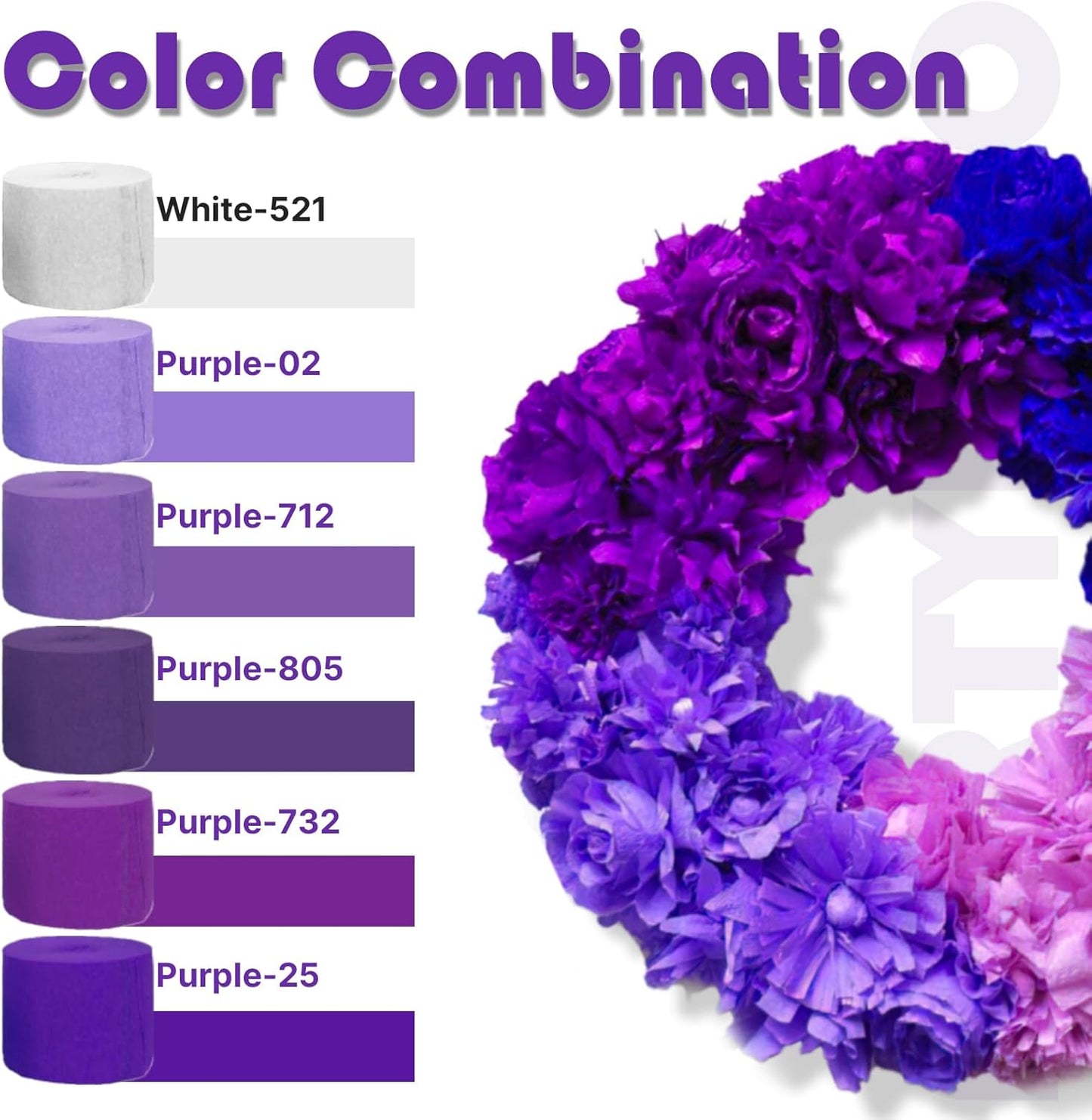 PartyWoo Purple Crepe Paper Streamers - 8pcs 656ft Light & Dark Purple, Lavender, White, Silver for Birthday & Graduation Decor
