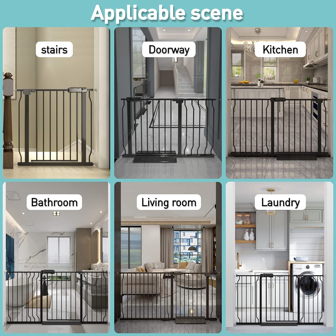 WAOWAO Baby Gate 57.48-62.20" Extra Wide Pressure Mounted Walk Through Swing Auto Close Safety Black Metal Toddler Kids Child Dog Pet Puppy for Stairs,Doorways,Kitchen