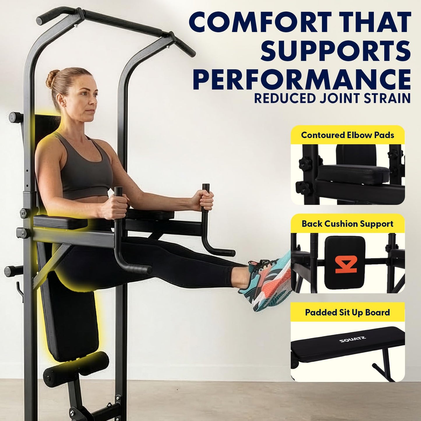 SQUATZ Pull-Up Workout Station with Bench - Multifunctional Gym Equipment with Pulling Bar, Sit-Up Board, Backrest, Elbow Pad, & Steel Main Frame, Great for Home Exercise and Weight Training, 330LBS