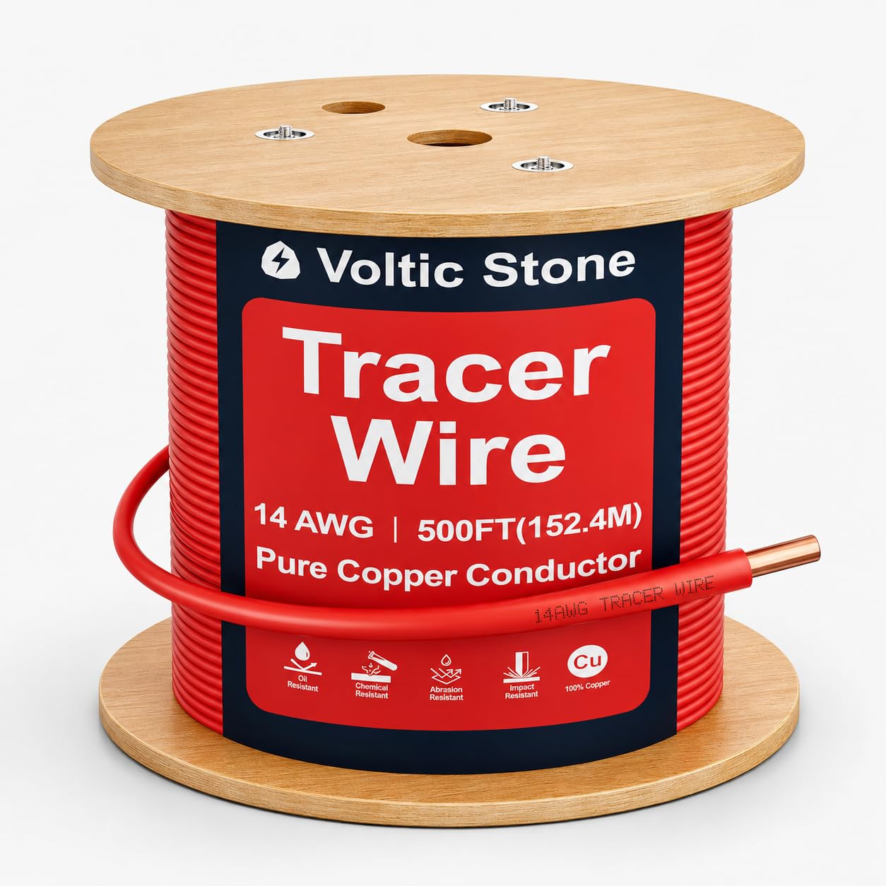 Voltic Stone 14 AWG Red Electrical Conduit Tracer Wire, True Gauge 100% Solid Copper Direct Burial Underground Locating Cable, 30/600V Rated, HDPE Jacket, Corrosion-Resistant for Power Conduit
