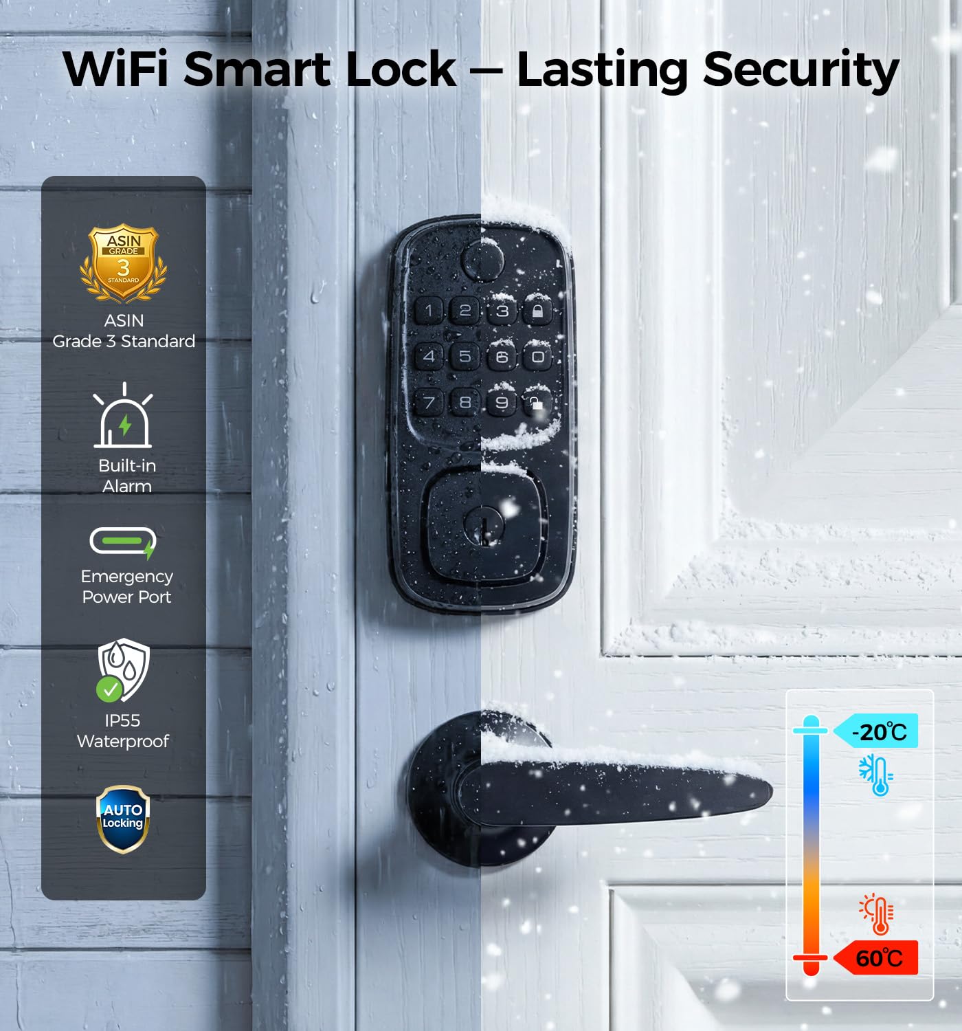WiFi Smart Door Locks for Front Door Lock Set, Keyless Entry Door Lock Deadbolt with Handle Set, Smart Deadbolt Lock with Alexa & Google Assistant, APP Control, Voice& Fingerprint Unlock, Auto Locking