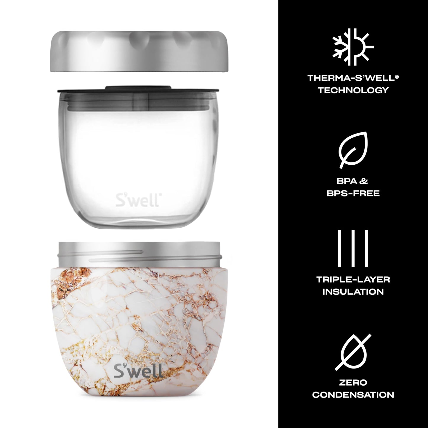 S'well Eats 2-in-1 Nesting Bowls Triple-Layered Vacuum-Insulated Containers Keeps Food and Drinks Cold for 11 Hours and Hot for 7-with No Condensation-BPA Free, 21.5 oz, Calacatta Gold