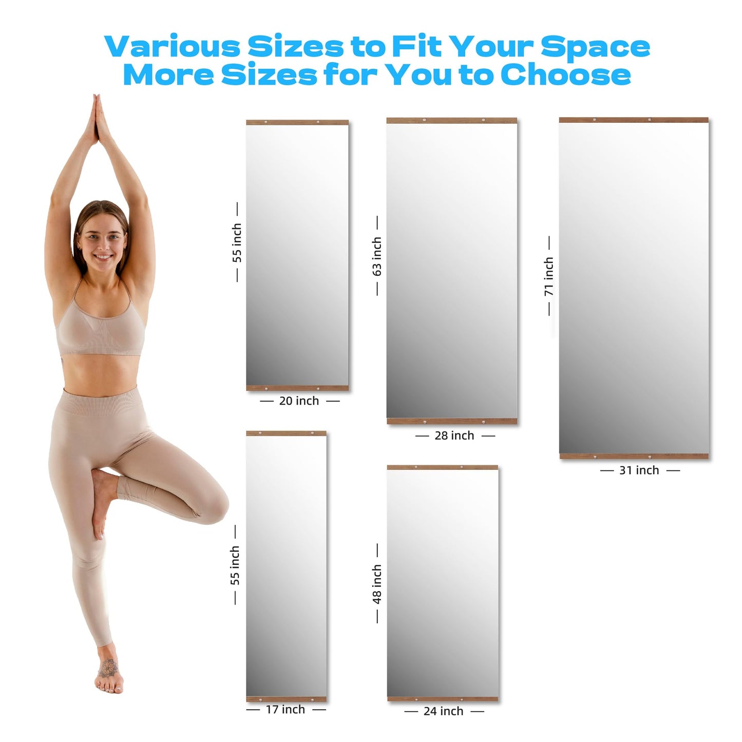 Hasipu 3Pcs 48''x24'' Home Gym Mirror Large Full Length Wall Mounted Full Body Mirror for Yoga Dance Fitness Exercise Studio Bedroom Garage, Frameless Tempered Glass Workout Mirrors Walnut Rectangular