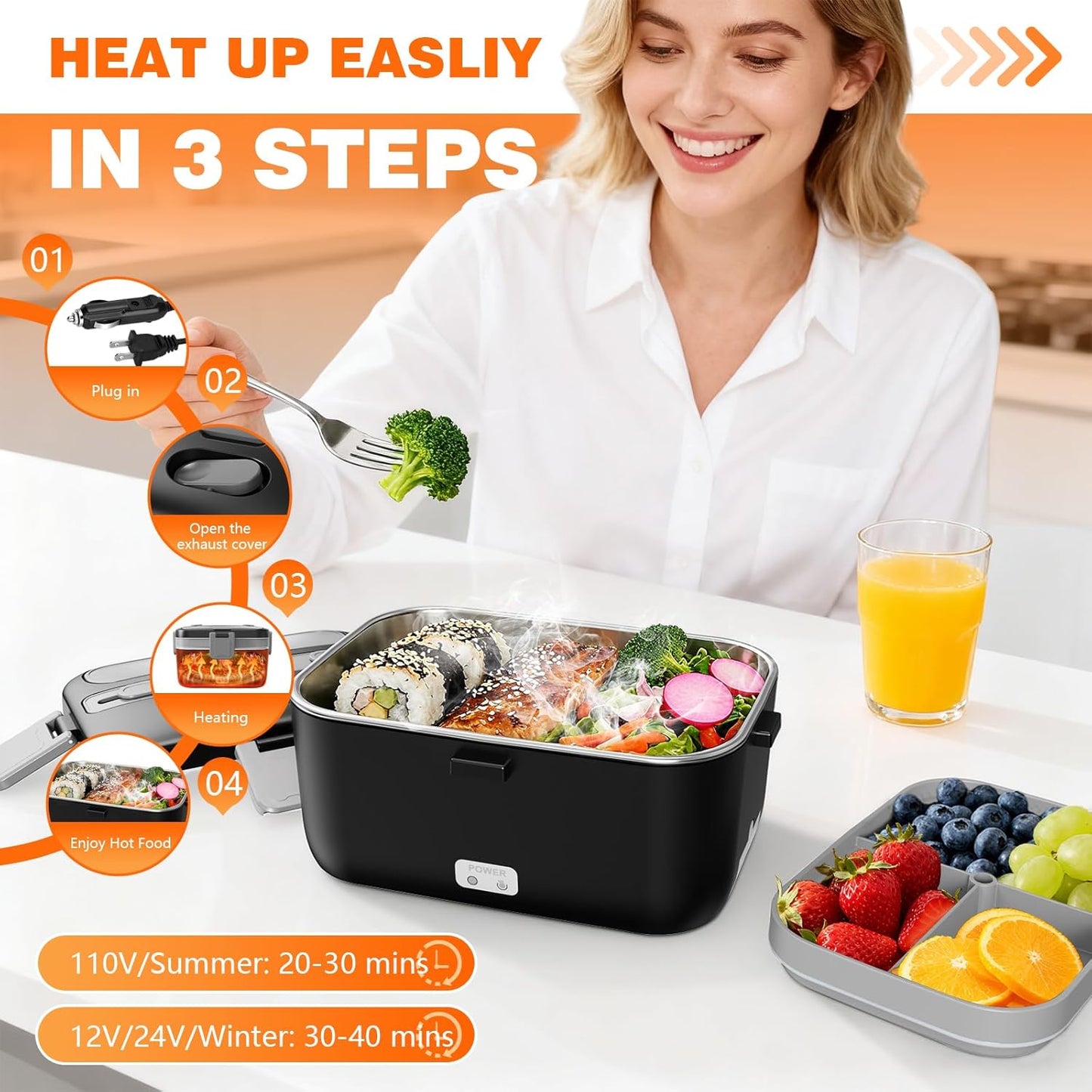 Skiennix Electric Lunch Box - 2.8L Double Layer Food Heater for Home, Office & Car - Black