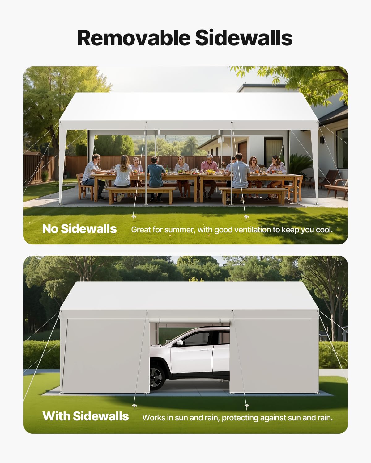 VEVOR Carport, 10 x 20 FT Outdoor Car Canopy, Potable Carport with Removable Sidewalls & Door, Heavy Duty Car Shelter, UV-Resistant & Water-Resistant, All-Season Protection for Automobile Boat White