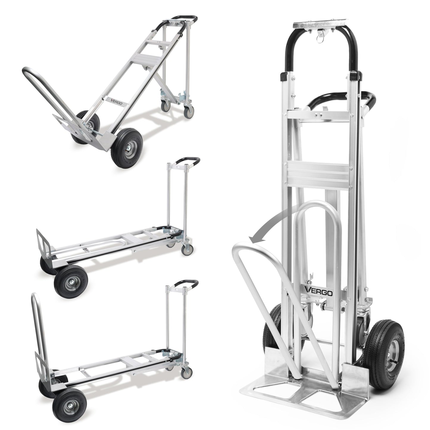 Vergo Industrial Convertible Hand Truck - AS7A2 Heavy Duty Aluminum 3 in 1 Dolly (750 lb Capacity) Lightweight Frame, Ergonomic Handle, Extendable Loop, Versatile Moving Dolly (3 Positions 53" High)