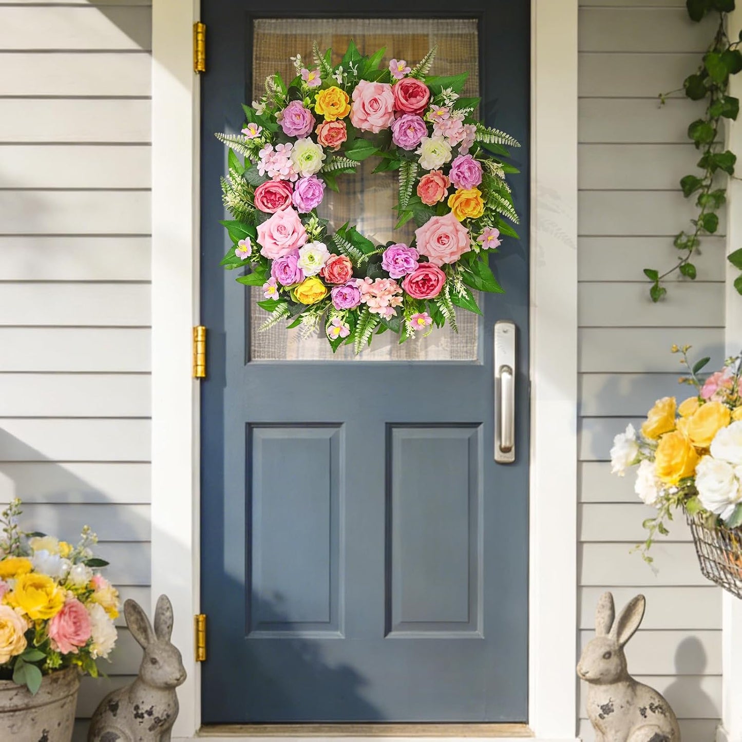 Yastouay 24-Inch Summer Wreath - Realistic Rose Peony Floral Decor for Front Door & Patio