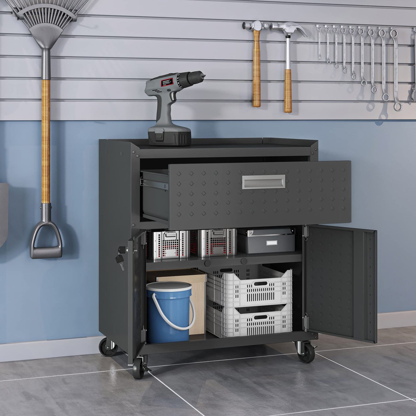 Manhattan Comfort Fortress Rolling Garage Storage Cabinet with Drawer & Adjustable Shelves, Lockable Metal Compartment for Tools, Heavy-Duty Mobile Utility Organizer with Wheels, Charcoal Gray