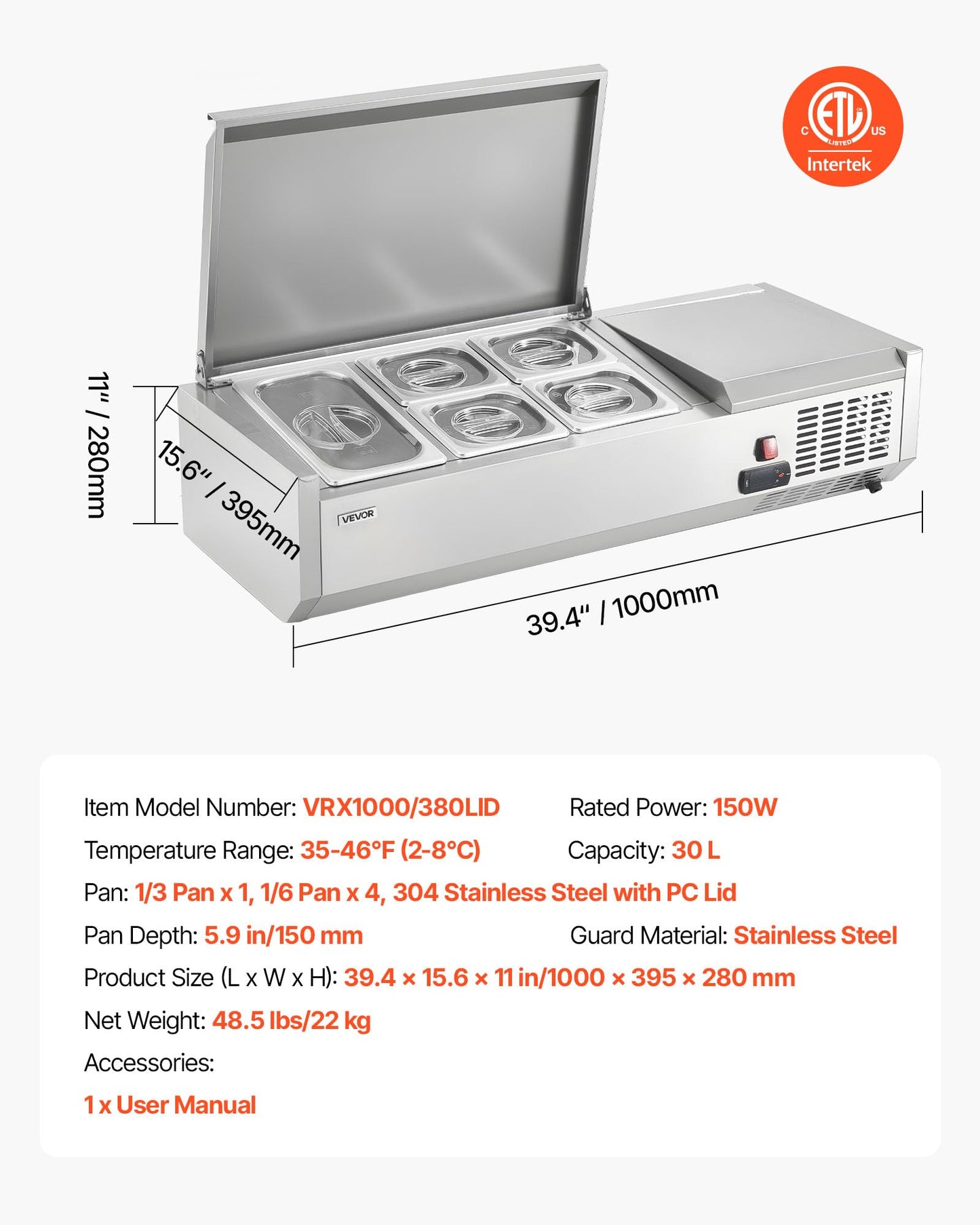 VEVOR Refrigerated Condiment Prep Station, 120 W Countertop Refrigerated Condiment Station, with One 1/3 Pan & Four 1/6 Pans, 304 Stainless Body and PC Lid, Sandwich Prep Table with Stainless Guard