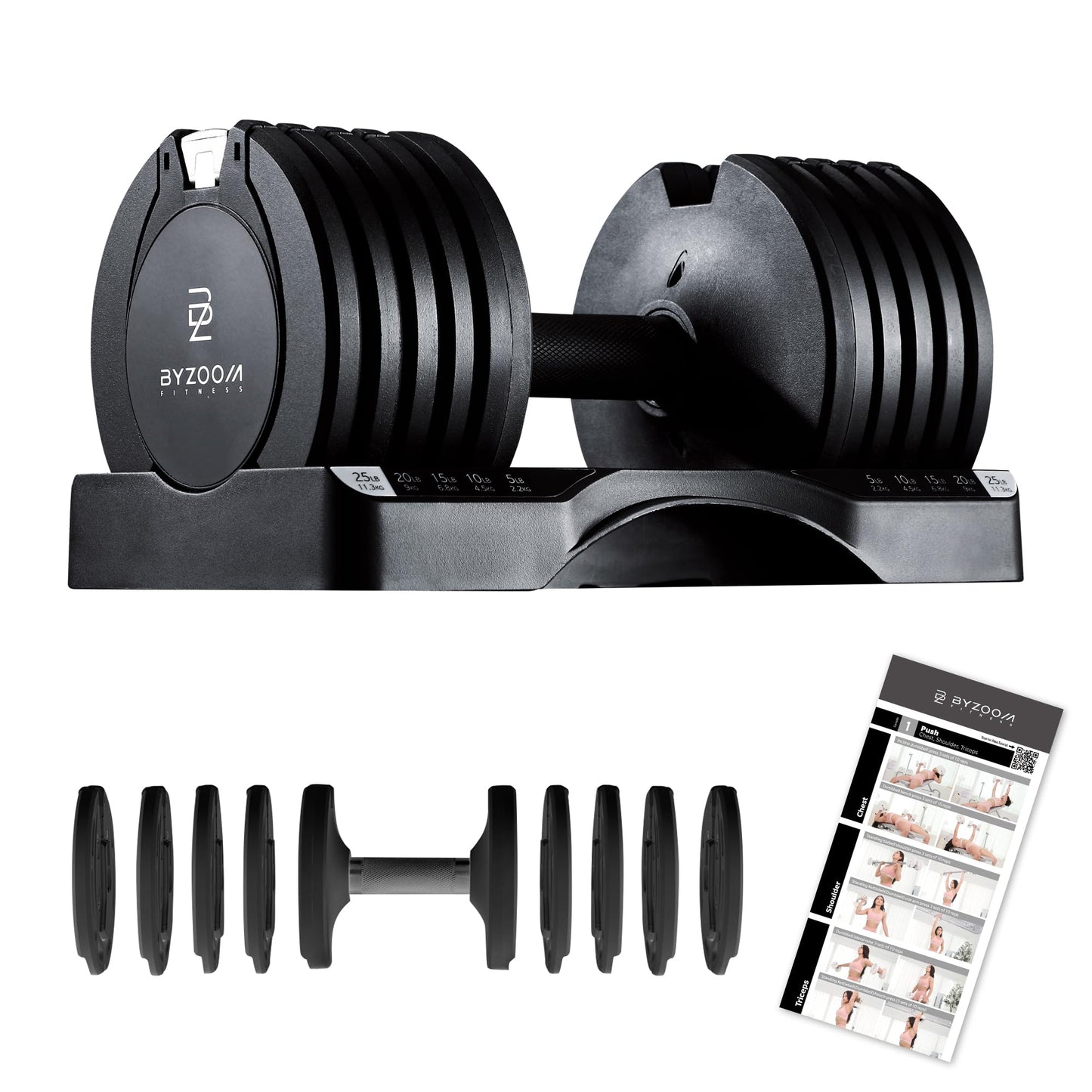 BYZOOM FITNESS Adjustable Dumbbell Set 25lb Single Unit(Buy 2 for a Pair) – 5-in-1 Compact Free Weights for Home Gym, Patented Easy-Adjust Design, Sleek Aesthetic for Strength Training & Workouts, Black