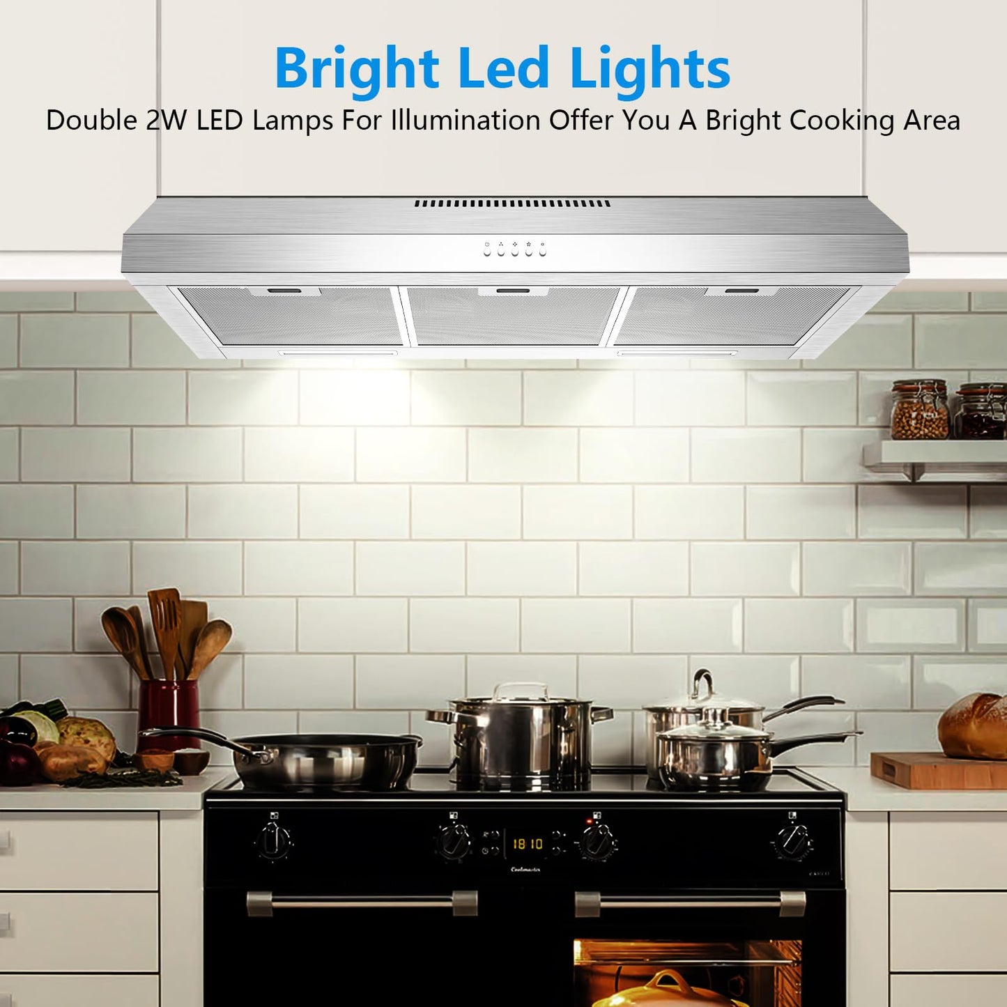 Upgraded 600 CFM Range Hood 36 Inch, Under Cabinet Range Hood for Duct/Ductless Convertible, Stainless Steel Kitchen Stove Vent with 3 Speed Kitchen Exhaust Fan and Two Bright Energy-Saving LED Light