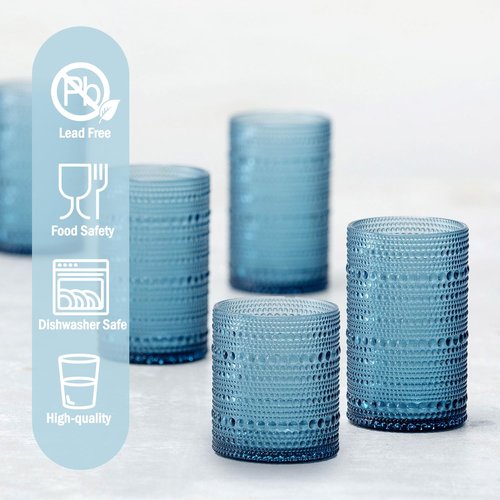 FULGNU Hobnail Drinking Glasses with Straws, 15oz&12oz Vintage Glassware Set of 12, Blue Hobnail Glassware Embossed Vintage Water Cups, Highball Glasses for Cocktail,Whiskey,Beer and Juice