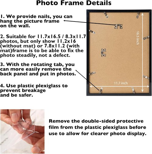 JCJMY A3 Black Picture Frame - Versatile Display for 8.3x11.7 with Mat or 11.7x16.5 Without Mat