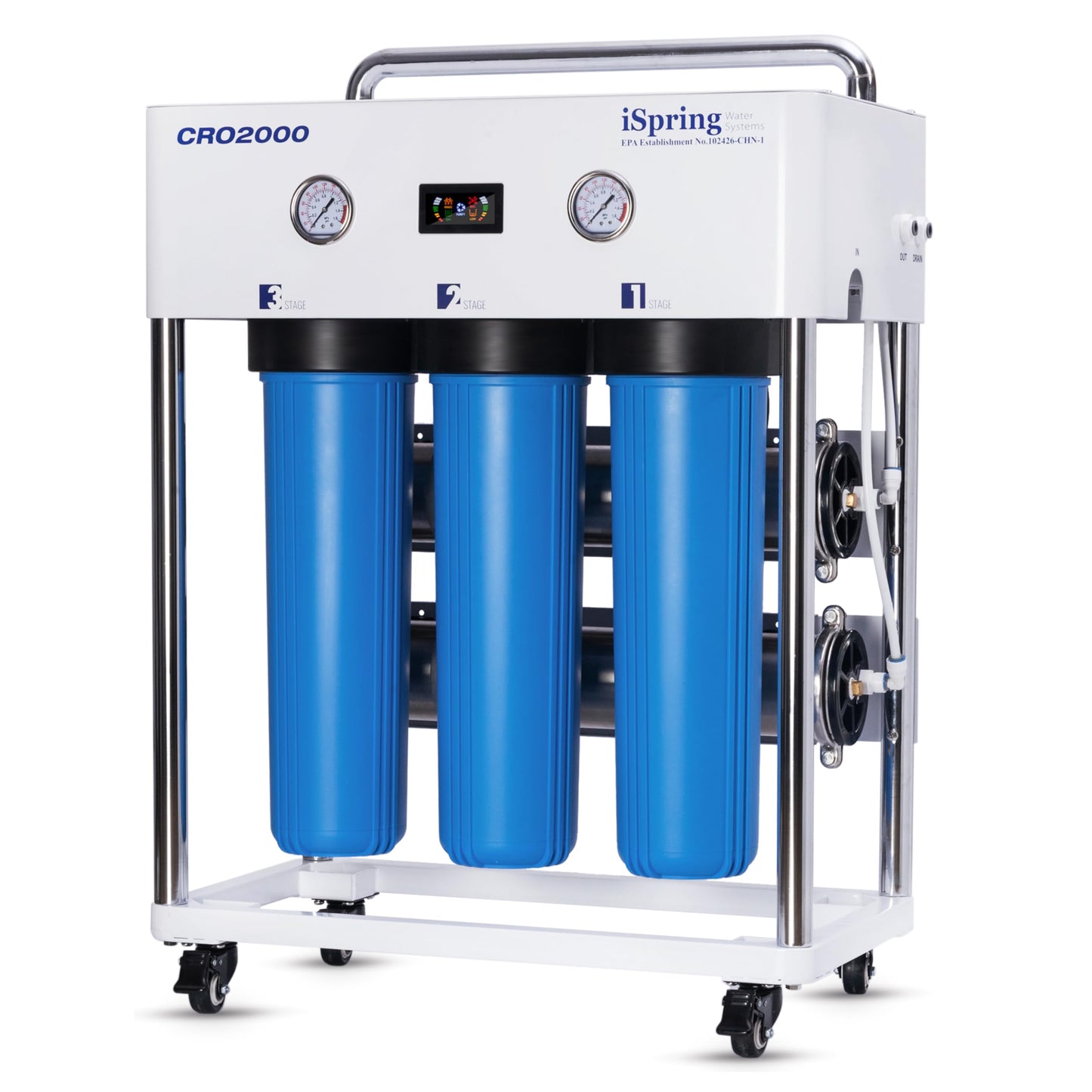 iSpring CRO2000 4-Stage Tankless Commercial Reverse Osmosis Drinking Water Filtration System w/Dual Pumps, Pressure Gauges, and Freestanding Stainless Steel Bracket, 2000 GPD