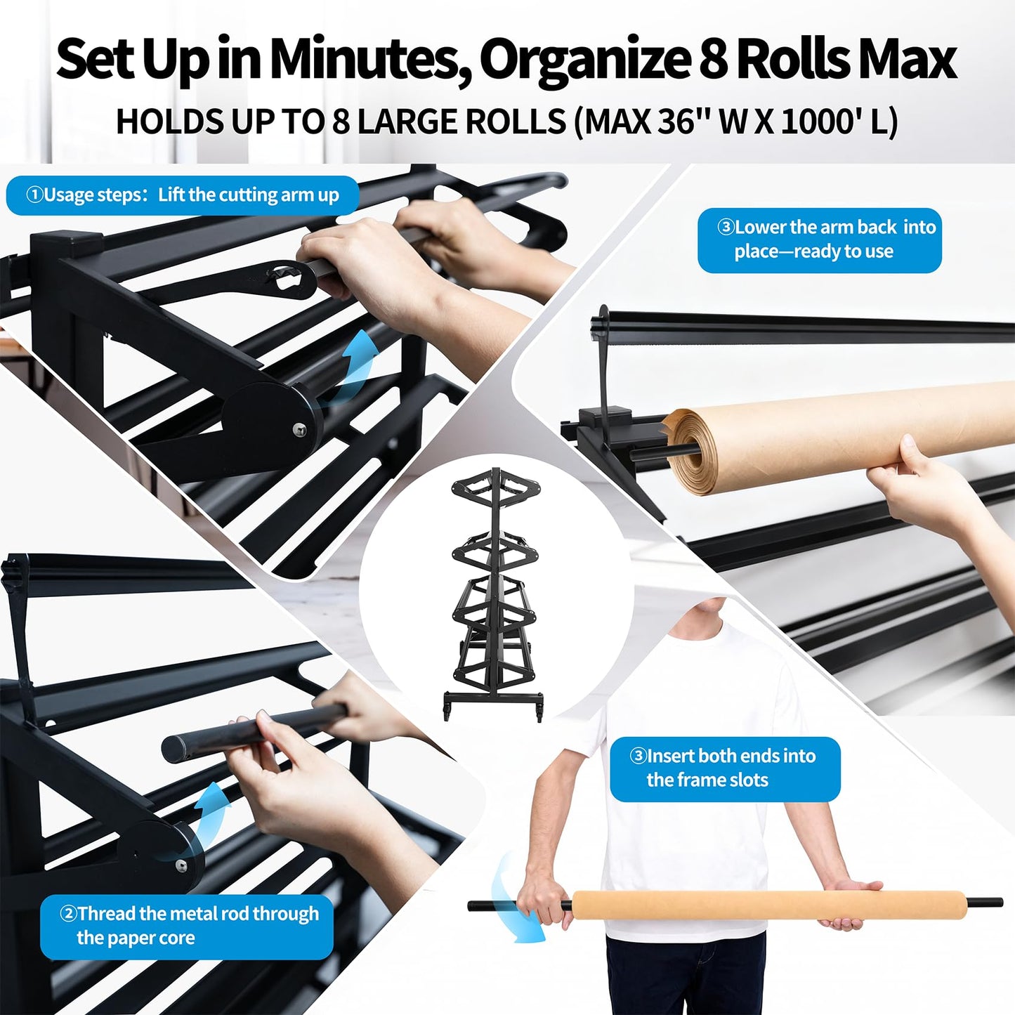 Paper Roll Holder 8-Rack Mobile Large Paper Roll Dispenser for 36 Inch Kraft, Gift Wrap, Art Paper & Vinyl Rolls, Heavy-Duty with Locking Casters for Classroom & Studio Use