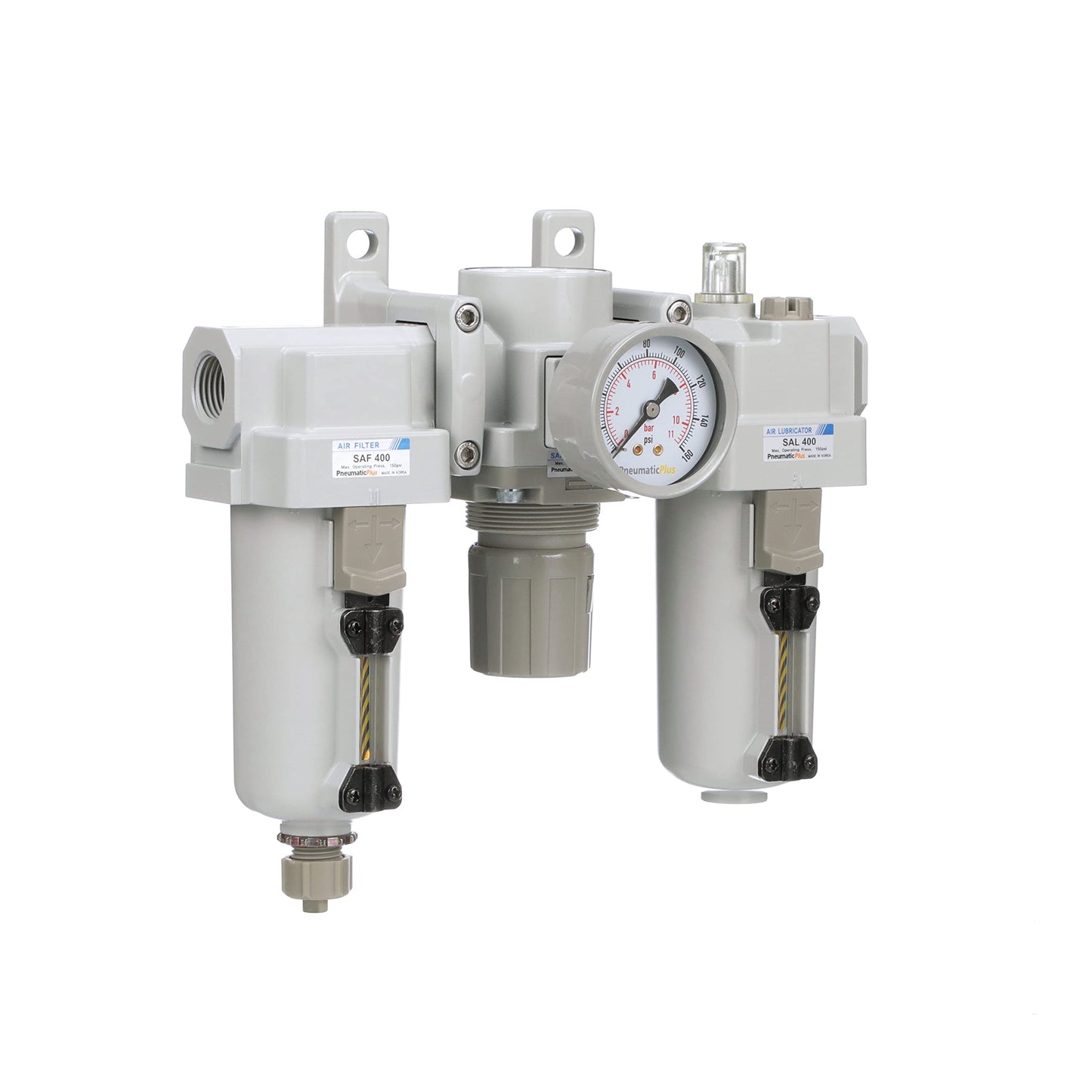 PneumaticPlus SAU400-N06G-MEP Compressed Air Filter Regulator Lubricator Combo 3/4" NPT - Metal Bowl, Manual Drain, Bracket, Gauge