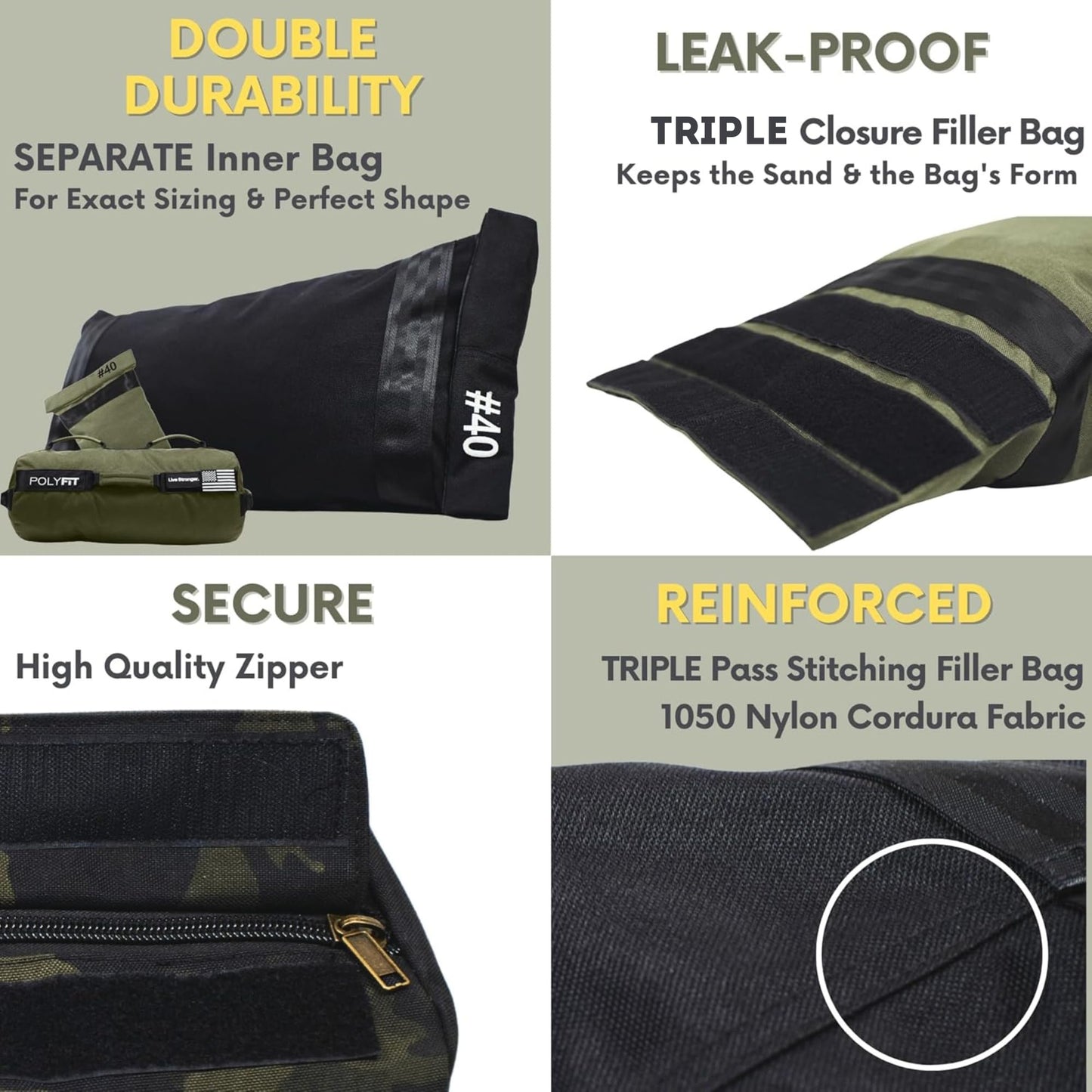 Polyfit Sandbag Pro - Workout Sandbag with Triple Closure Filler Bag and Reinforced Nylon Webbing - Green - 40LB
