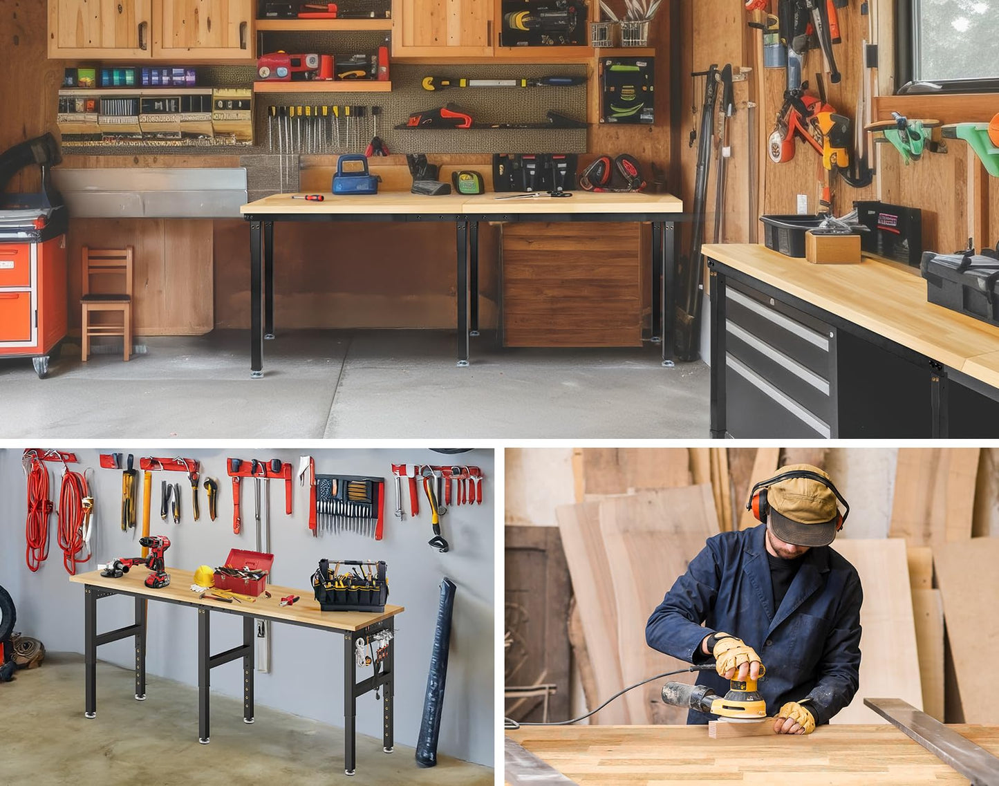 MUWOOD 84” Adjustable Height Workbench, 5000 LBS Heavy Duty Table Rubber Wood Workstation with Power Outlet & Pegboard for Garage, Office, Workshop, Home,Commercial