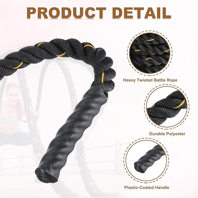 MECCANIXITY Battle Rope 40ft x 1.5 Inch Polyester Workout Rope Heavy Fitness Exercise Rope for Strength Training Home Gym Muscle Building, Black Yellow