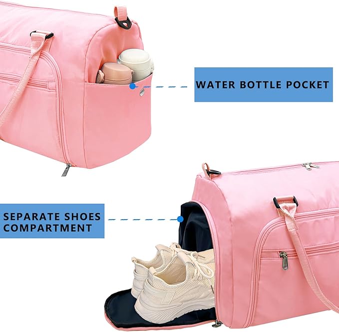 woogwin Gym Bag for Men & Women with Shoes & Wet Compartment Waterproof Duffle Bag for Travel Sports Workout Overnight Weekender(21",Pink)