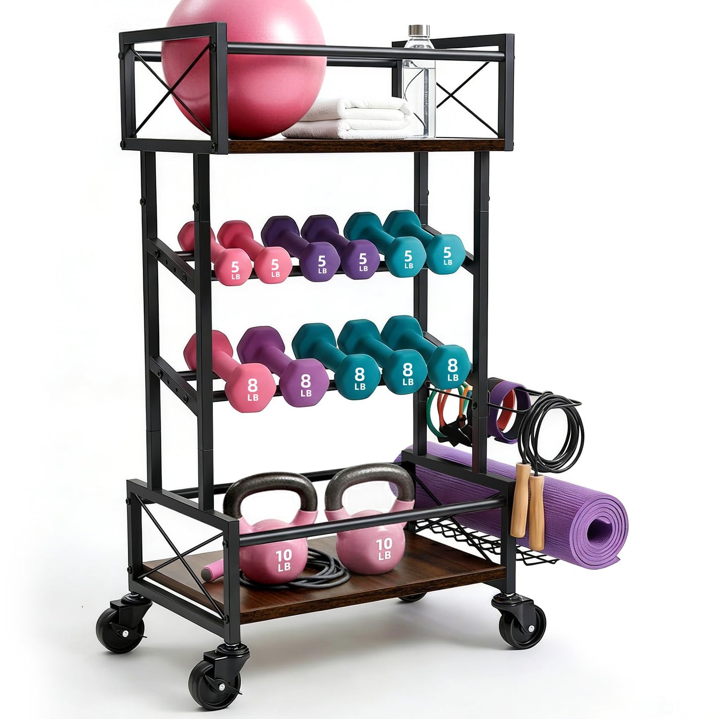 4 Tier Home Gym Storage Rack with Wheels, Yoga Mat Rack Small Dumbbell Weight Rack, Multi-Functional Wood Metal Gym Equipment Storage Rack Workout Cart for Women Kettlebell Fitness Organizer