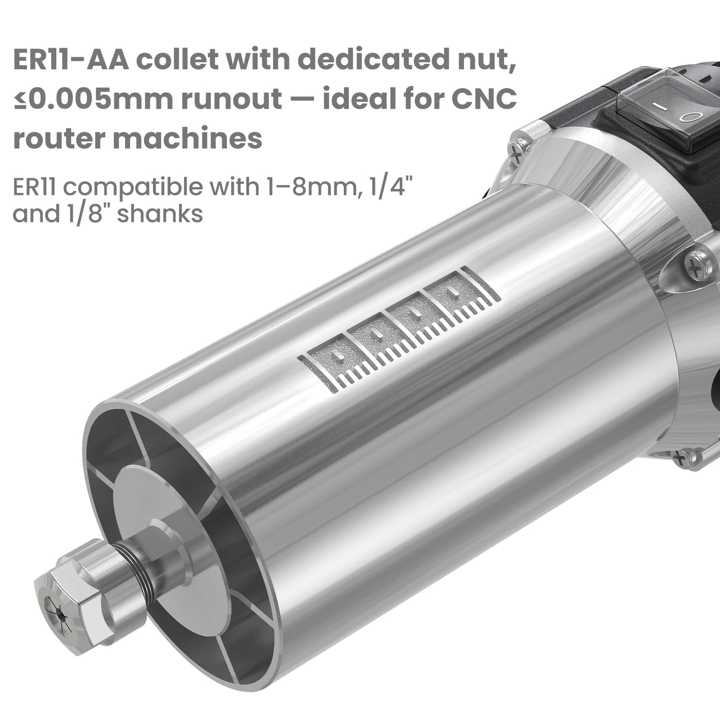 NymoLabs 710W CNC Router Spindle Motor with Speed Display, 6-Speed Adjustable (7000–30000 RPM), 65mm Diameter, 1/4" ER11 Collet, Compatible with CNC Routers, Milling and Engraving Machines