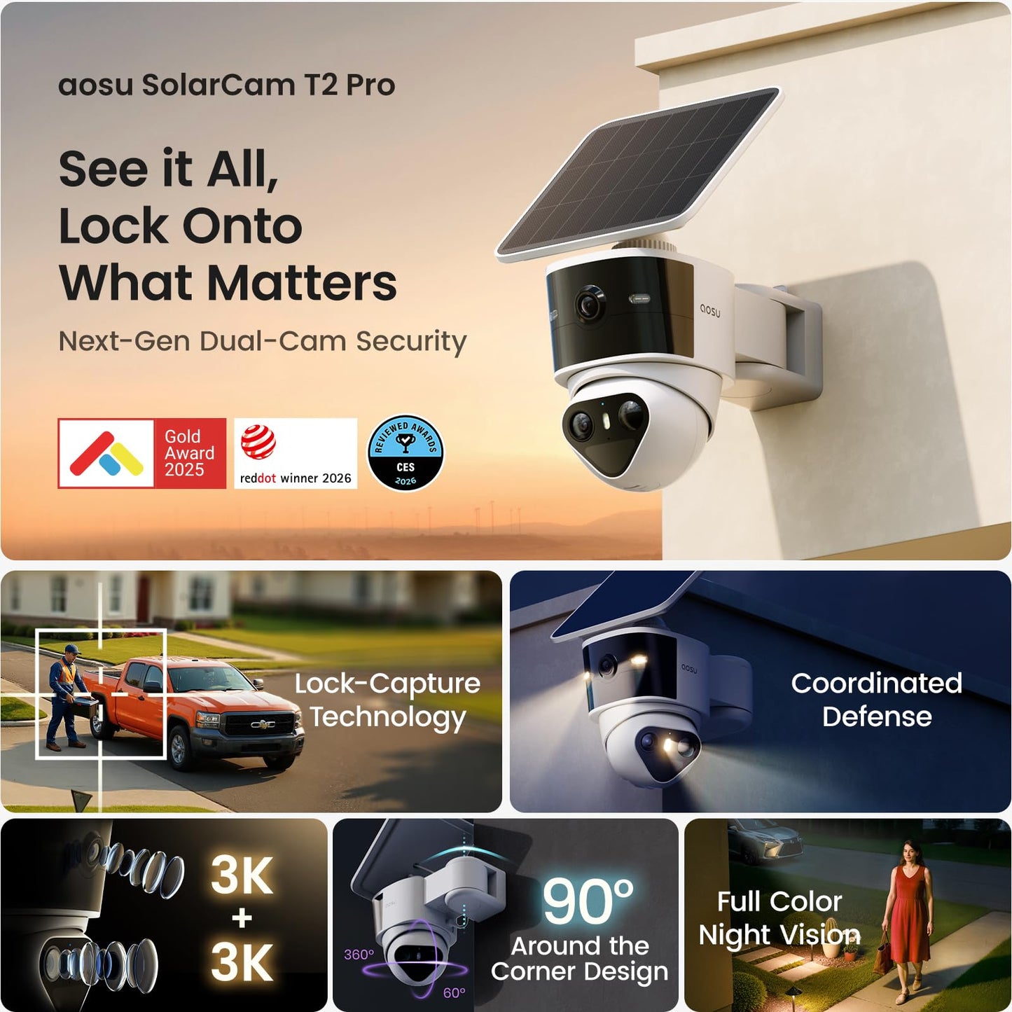 aosu T2 Pro Security Cameras Wireless Outdoor, 3K Dual Cam No Blind Spot Security Camera for Home, 170° Wide + 360° PTZ, AI Human Vehicle Tracking, Solar Powered, Local Storage