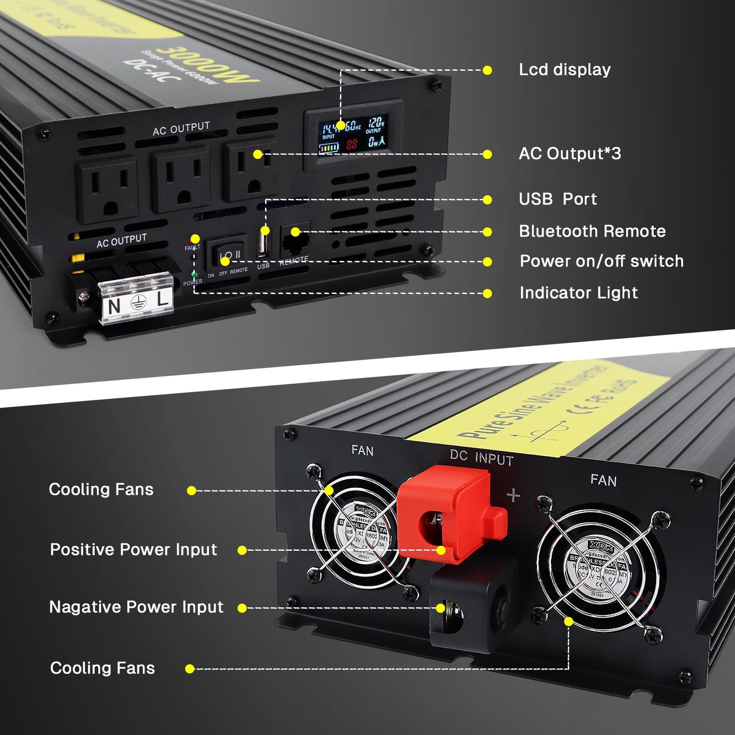 VOONKE 3000W Pure Sine Wave Inverter 12V DC to 120V AC,for Solar,for RV, Truck, Home, Camping,Power Inverter with Bluetooth APP Remote Control,LCD Display, 3 AC Outlets,USB Ports, Surge Power 6000W