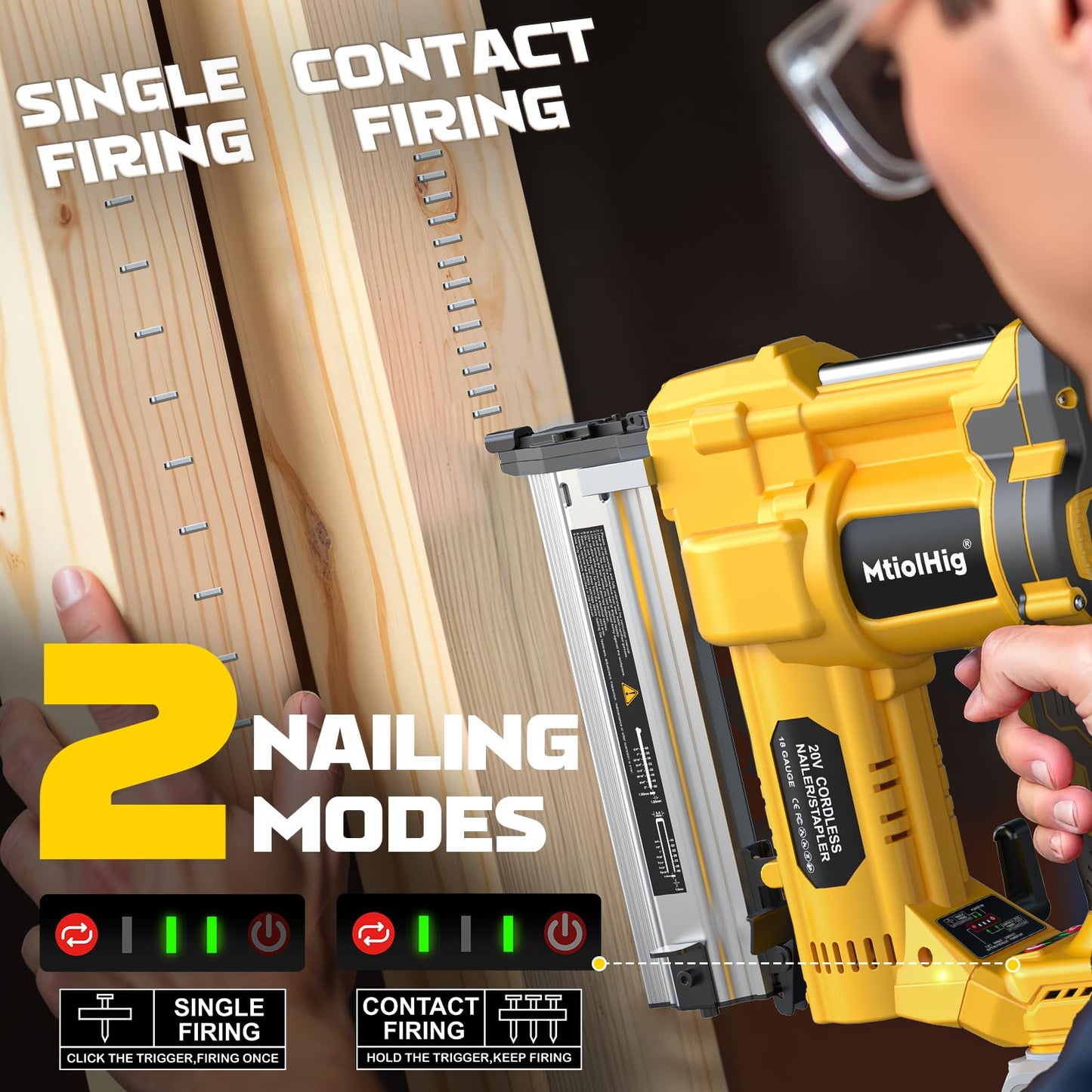 Cordless 2" Brad Nailer Compatible with Dewalt 20V Battery (No Battery), 2-in-1 Electric Nail Gun/Staple Gun, 18 Gauge Nail Gun Battery Powered with 1000 Nails for Wood Carpentry, 7.2LB