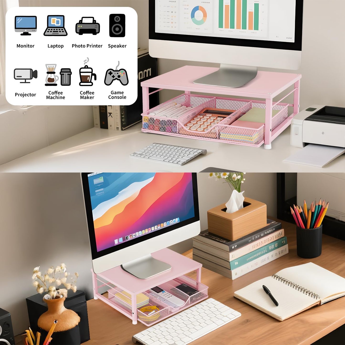 Small Pink Laptop Stand for Desk, Monitor Stand, Office Desk Accessories, Computer Desktop Stand with Drawer for Home