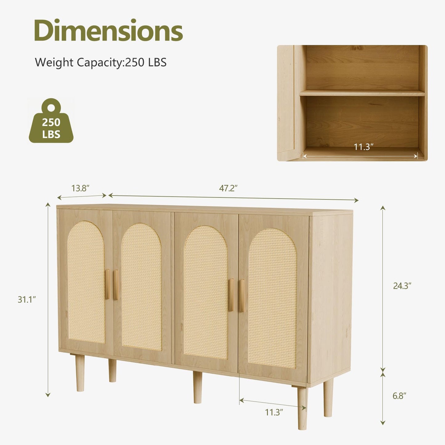 Sideboard Buffet Cabinet with Storage, Retro Rattan Storage Cabinet Kitchen Sideboard Buffet with Artistic Carved Handle for Dining Room Living Room, (Oak)