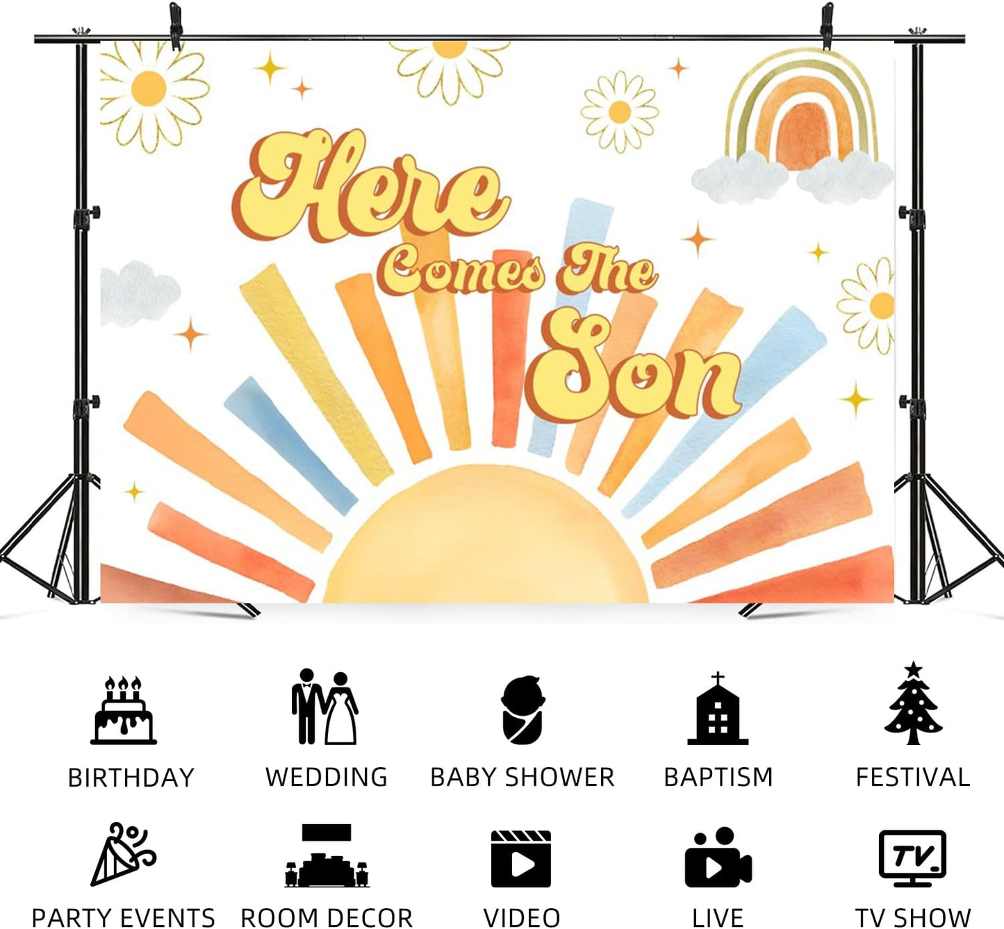 ASDCXZ 8x6ft Here Comes The Son Backdrop Sun Rainbow Baby Shower Photography Background Birthday Banner Cake Smash