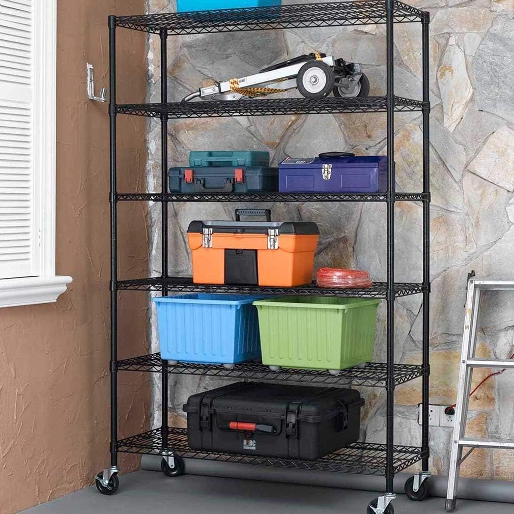 BestOffice 6-Tier Wire Storage Shelves with Wheels - Heavy-Duty Metal Racks | Adjustable | 18x48x78 | Black | No-Tool Assembly