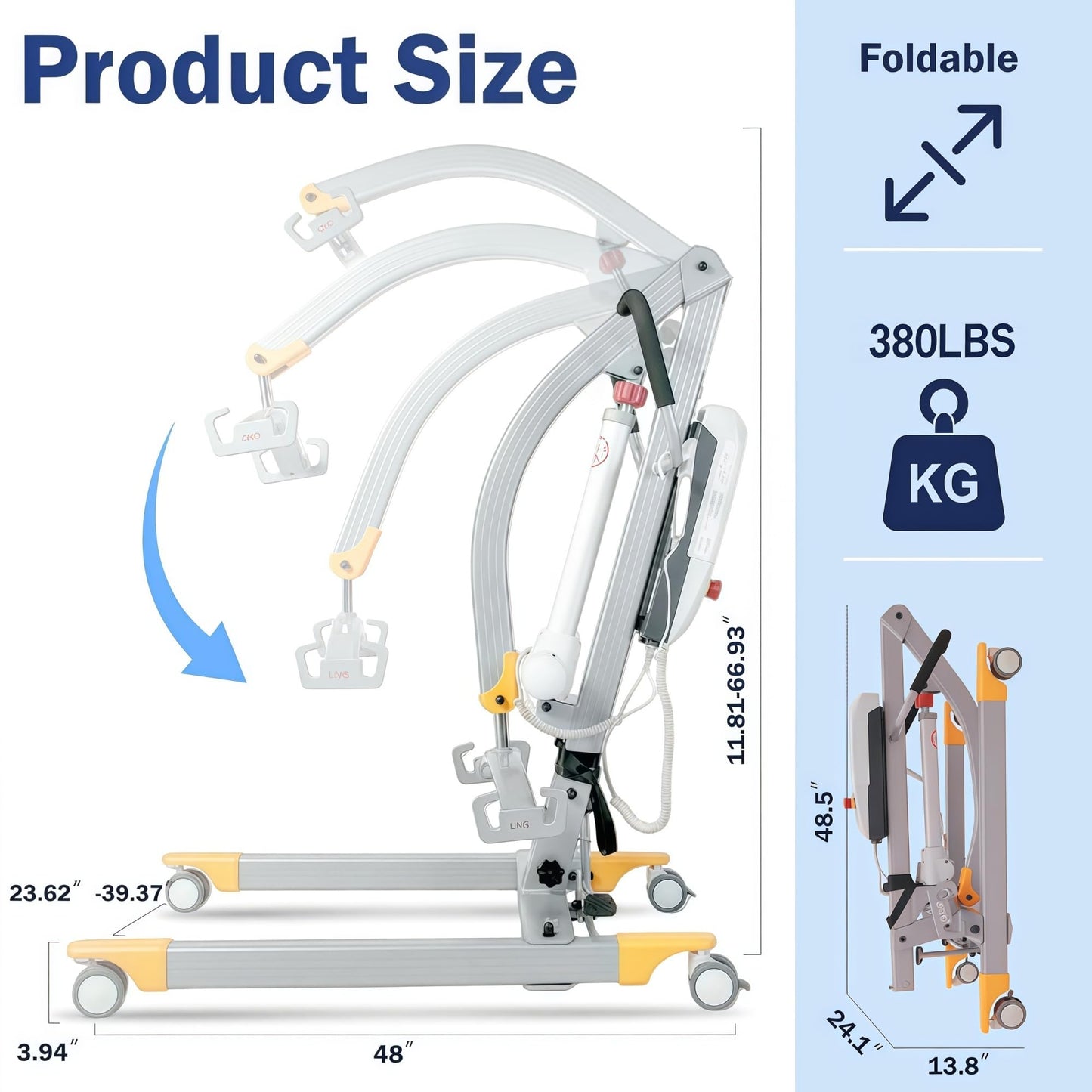 Carearise 2026-Upgrade Aluminum Electric Patient Lift for Home Use, Lightweight Premium 380lbs Patient Lift | Folding Body Transfer Lift for Car | New Version with Sling