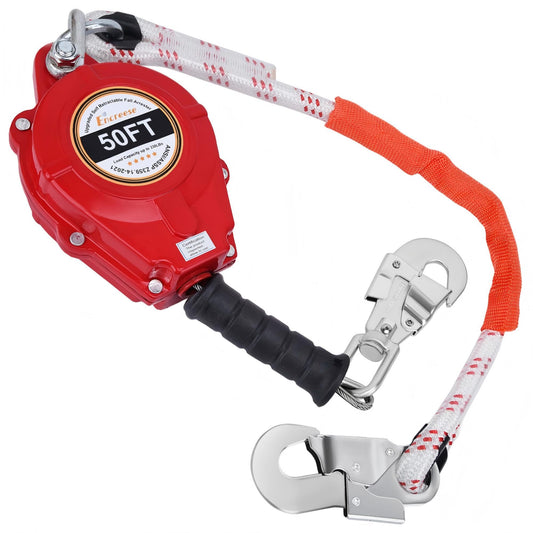 Self Retractable Lifeline Fall Protection Lanyard 50FT UPGRADED Arrester Safety Rope Double Locking Falling Protector Gear, Alloy Steel Roofing Harness Heavy Duty Dynamic Rotation Hook Cable Wire