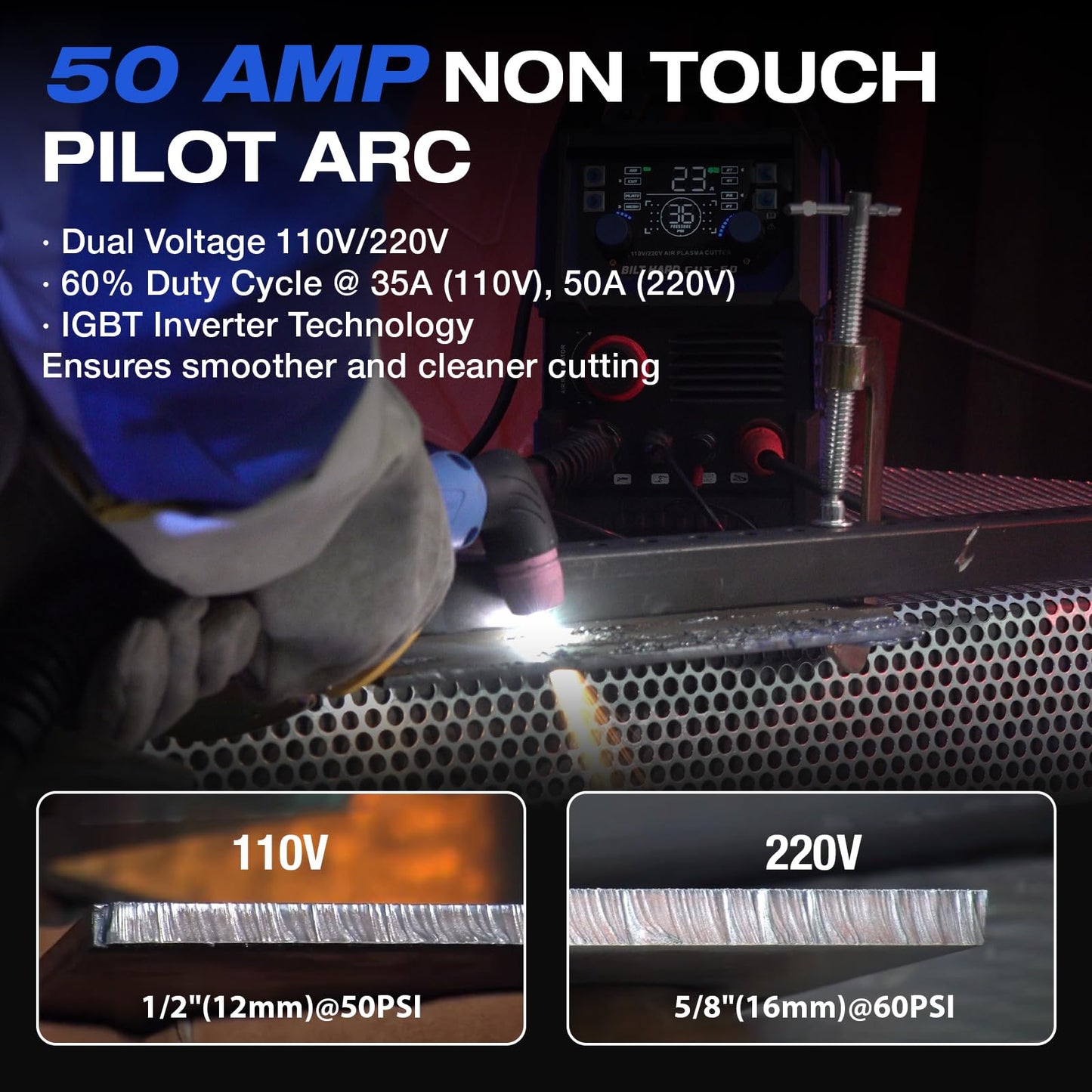 BILT HARD Plasma Cutter, 50A Plasma Cutting Equipment, Non Touch Pilot Arc, 110V/220V Dual Voltage, Digital Display Screen, DC Inverter IGBT Plasma Cutter Machine for Beginners