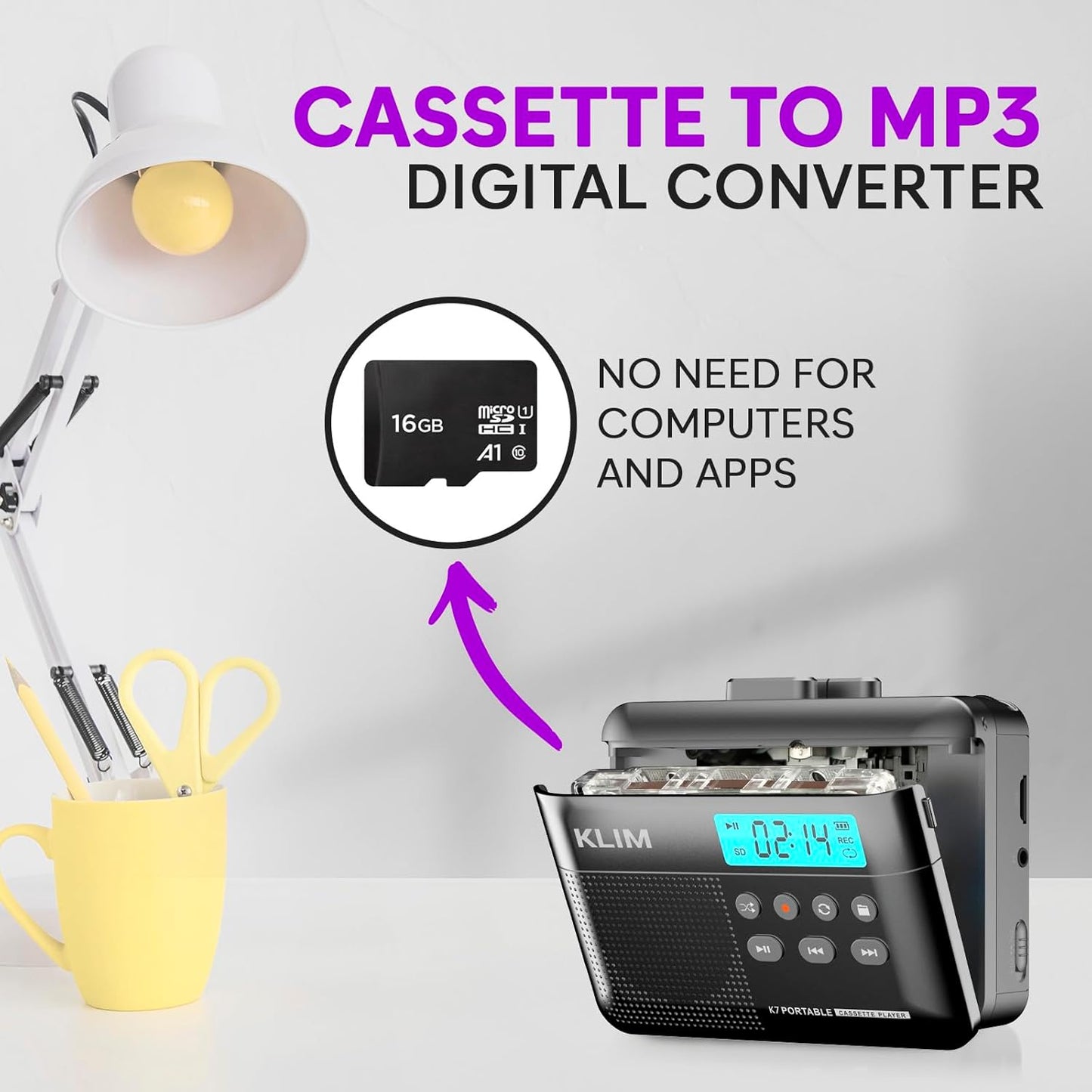 KLIM K7 Cassette Cassette MP3 16GB Tape Player - to Converter - Portable - Built-in Microphone & Speaker - Rechargeable