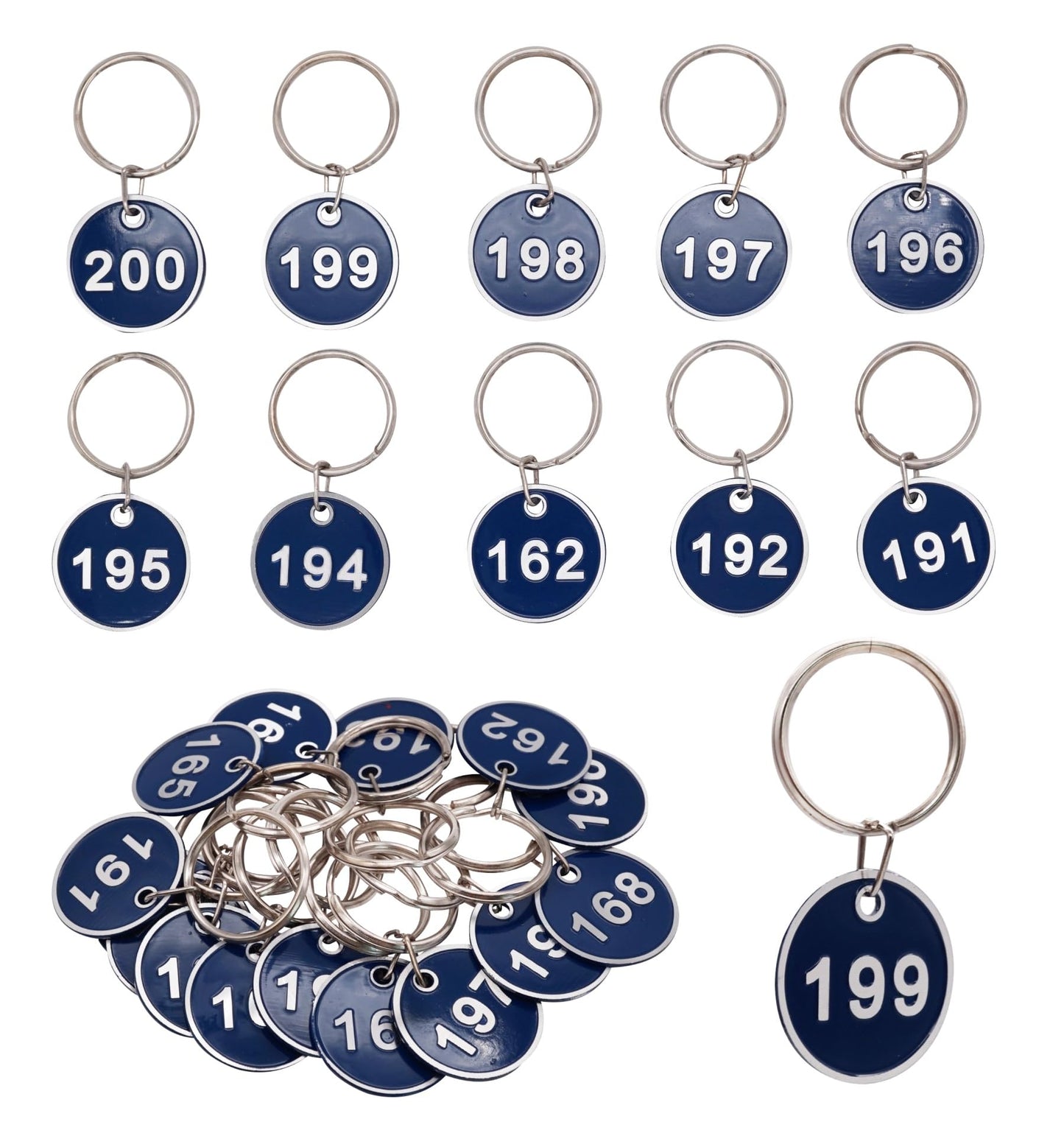 NumRealm Aluminum Alloy Metal Number Key Tag Set - Numbered ID Tags Key Chain with Rings - Blue 1 to 200