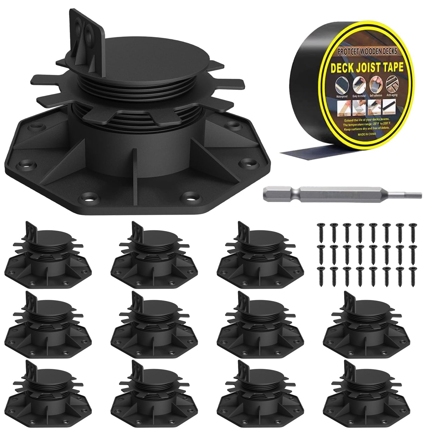 Deckit 12-Pack Adjustable Deck Support Pedestals, 1.18"–2.36" (30–60 mm), for 2×4 & 2×6 Joist Framing, Ground Support & Leveling for Patio, Shed Base & Floating Deck, Includes Joist Tape