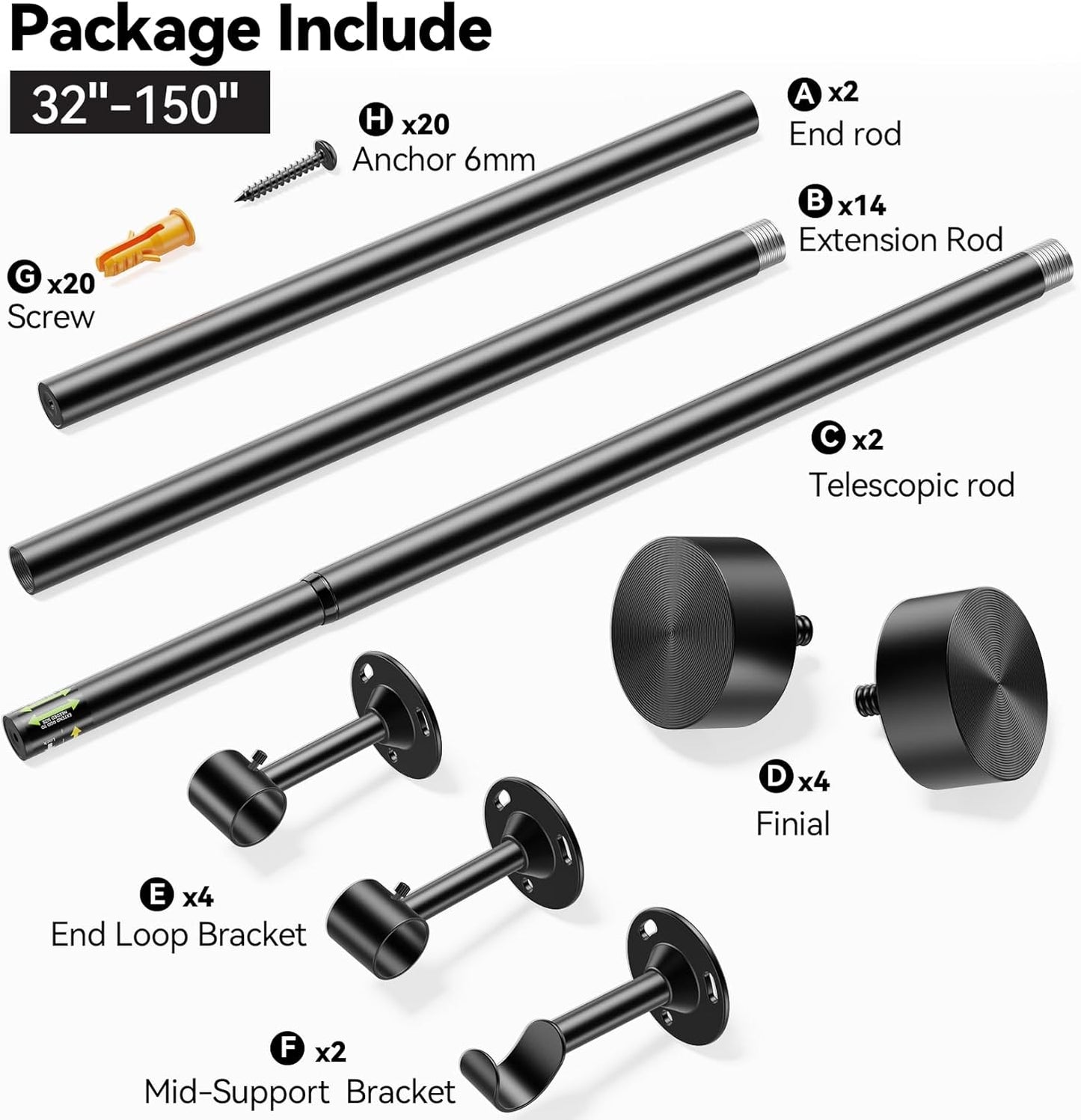 YaFex Heavy Duty Curtain Rods - Adjustable 32-150 Inch Black Window Treatment | Easy Install, Aluminium Finials