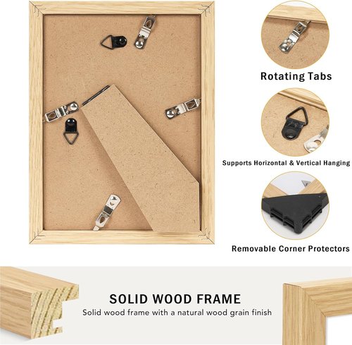 JCJMY 5x7 Solid Wood Picture Frame Set of 2 - Display 4x6 with Mat or 5x7 Without Mat | Natural Finish