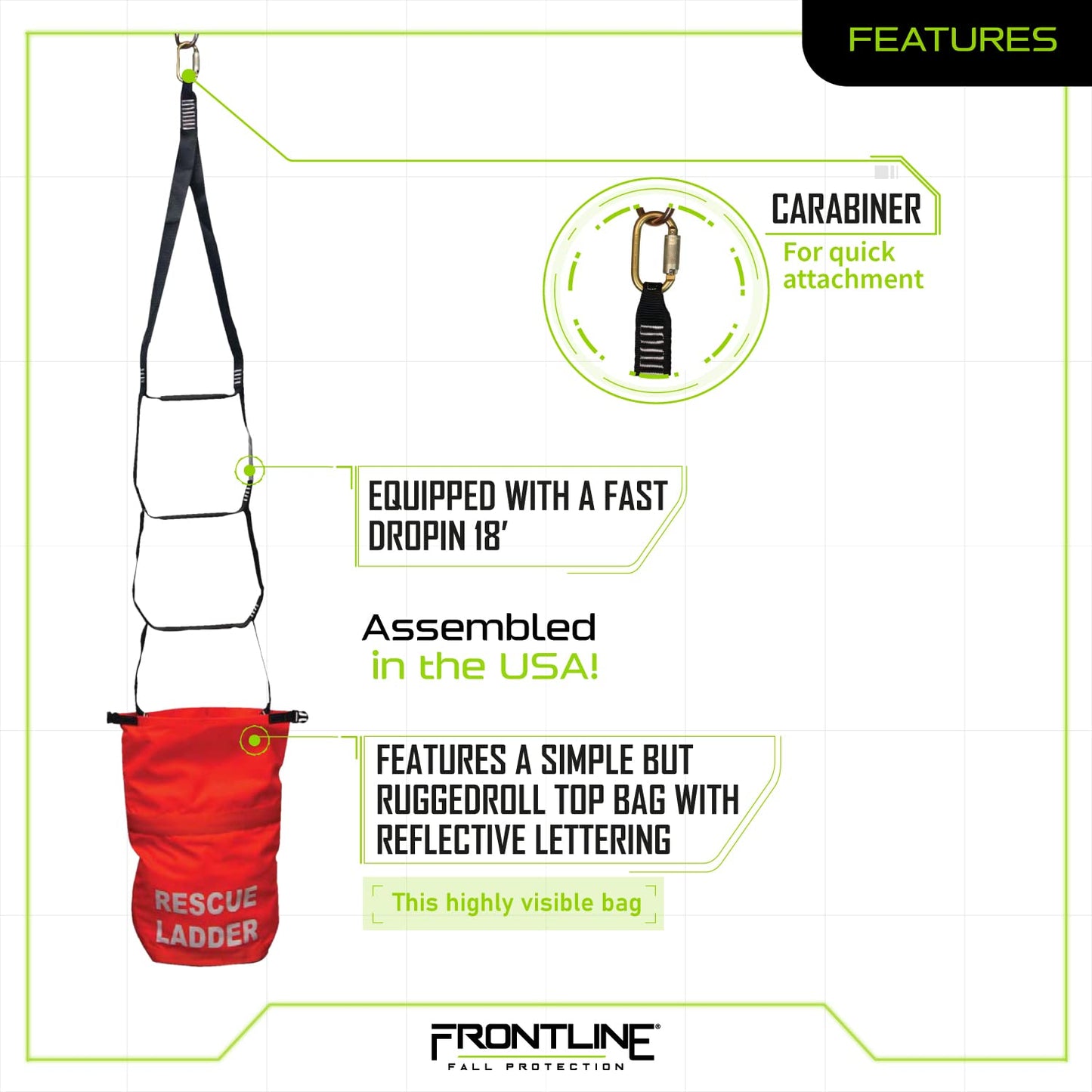 Frontline Fall Protection RLA18 Rescue Ladder Kit 18' | Breaking Strength: 5,000lbs/ 22kN | OSHA Compliant Rescue Kit with Deployment Bag | ANSI Z359.12 Steel Carabiner (30kN)
