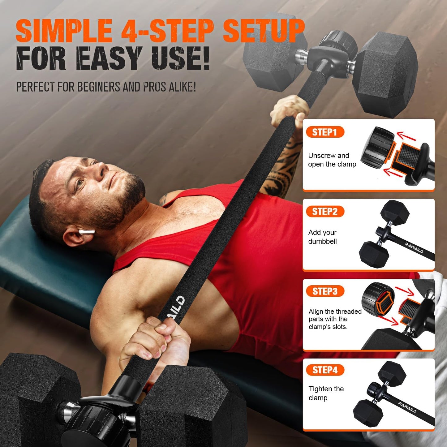 Dumbbell to Barbell Converter Bar - Adjustable Weight Bar for Home Gym, Converts Dumbbells to Barbell Set, 300lbs Capacity, Anti-Slip Foam Grip, Compatible with Standard Dumbbells